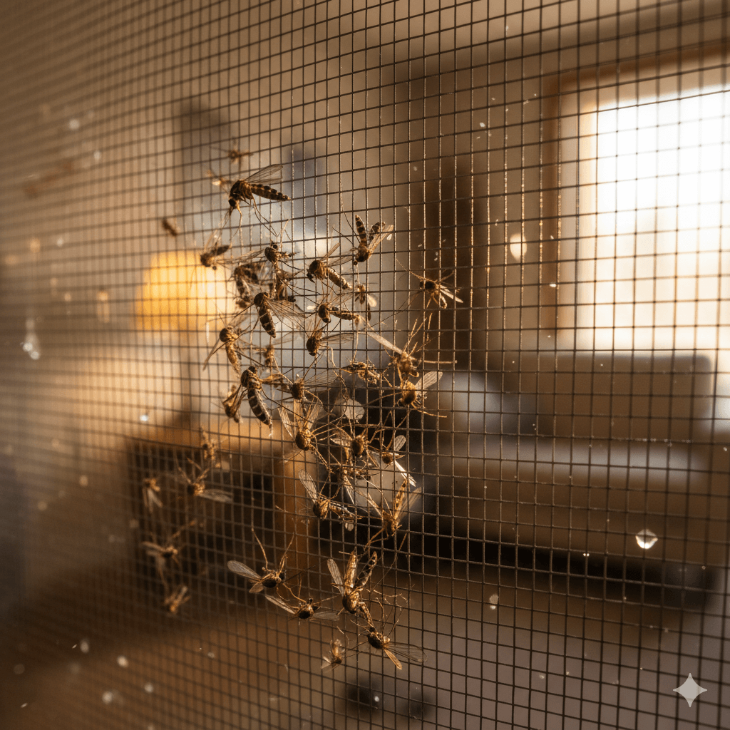 Large mosquito clusters concentrated around window screens as they try and enter a home