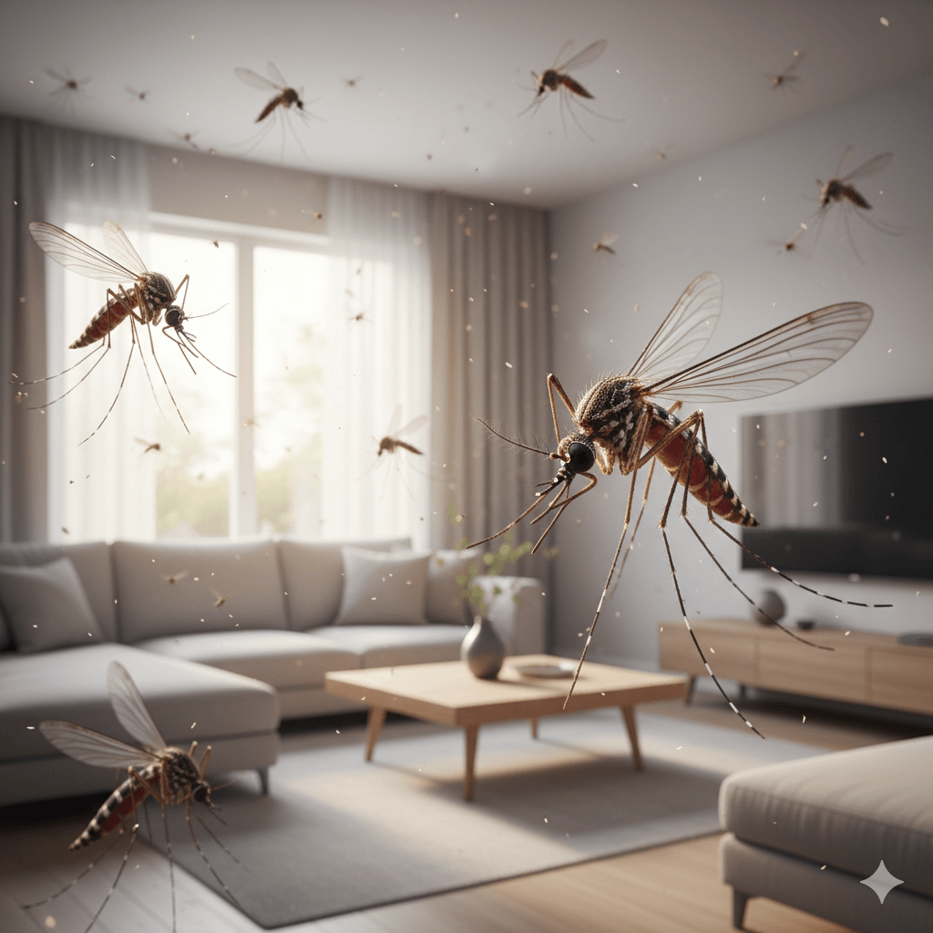 Mosquitoes actively flying around the inside of a living room