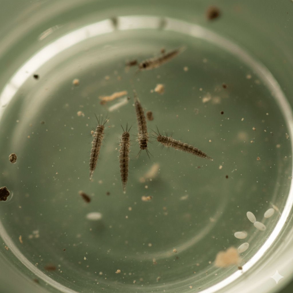 Mosquito larvae wigglers swimming in standing water breeding site