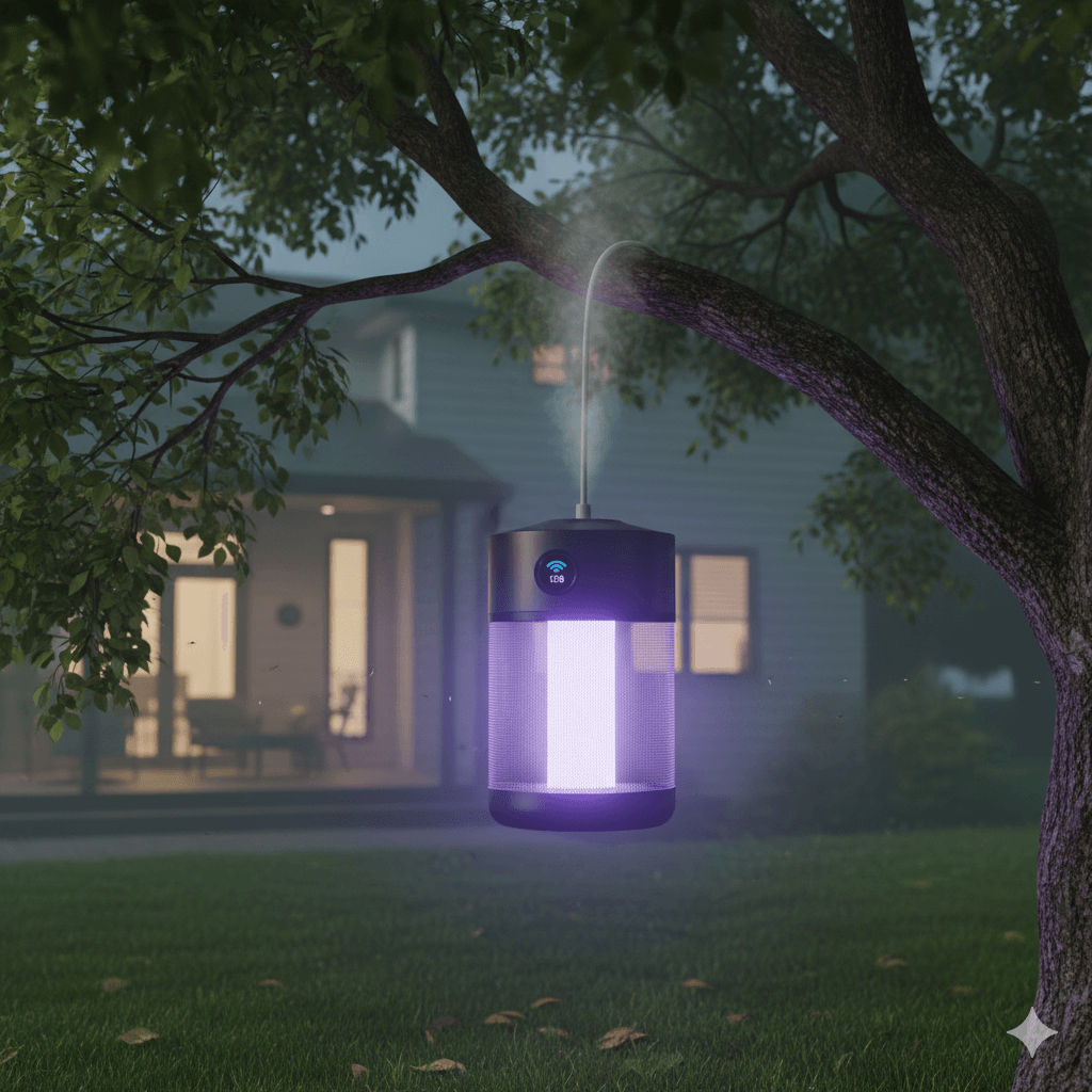 Smart CO2 mosquito monitoring trap glowing as it attracts and kills mosquitoes