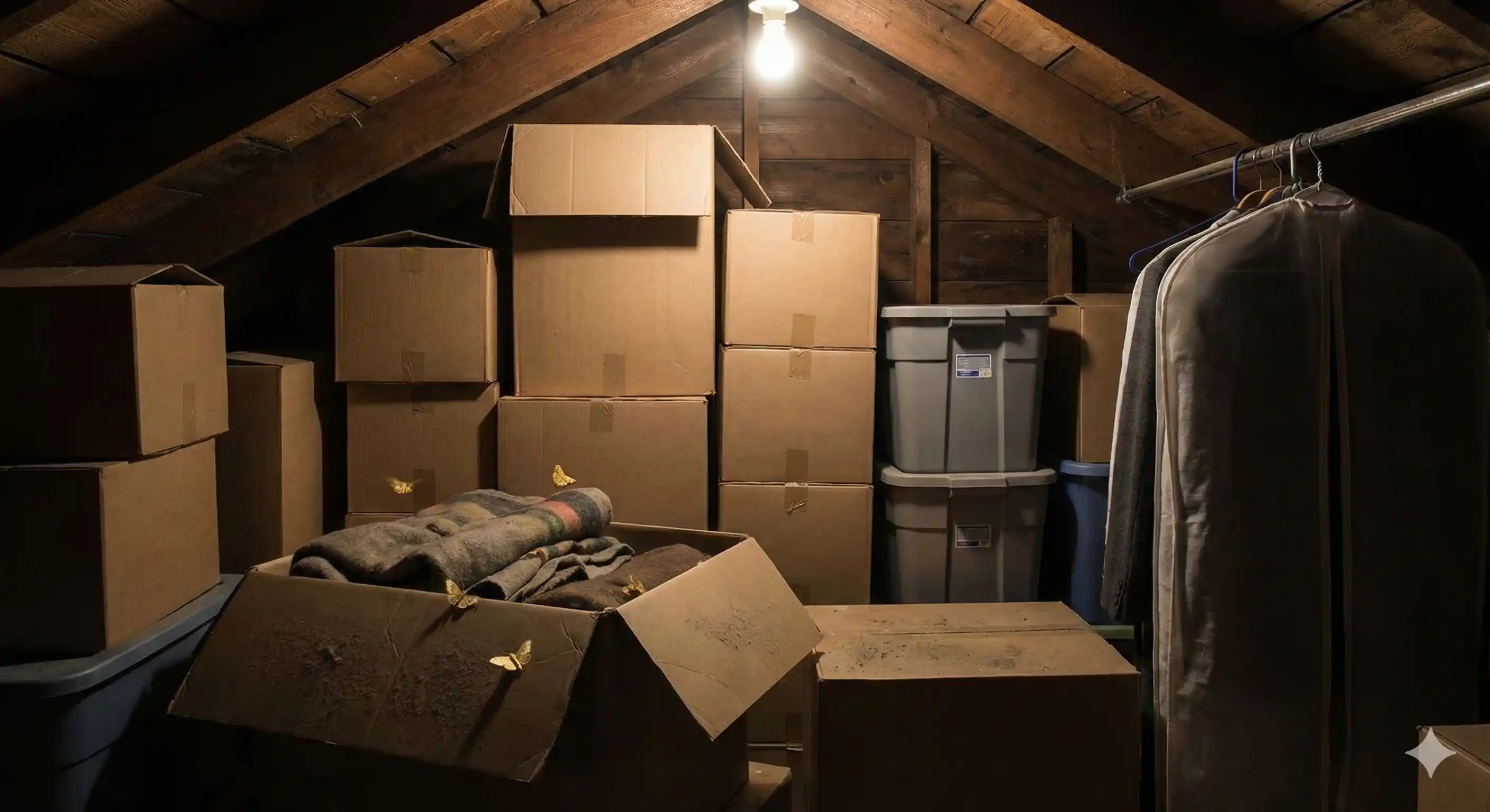 Undisturbed storage boxes and closet areas where moths establish populations