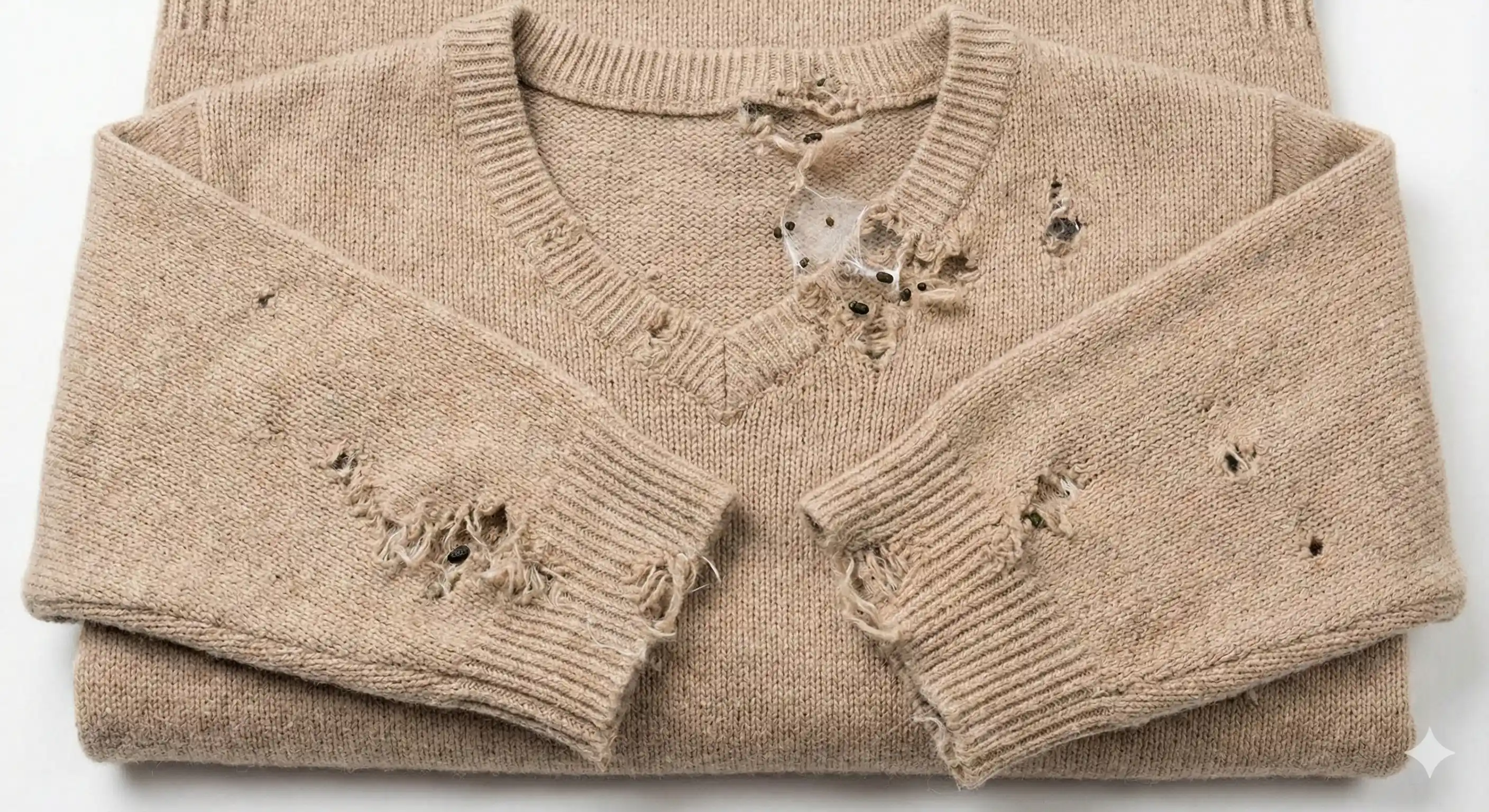 Wool sweater showing holes and damage from clothes moth larvae feeding