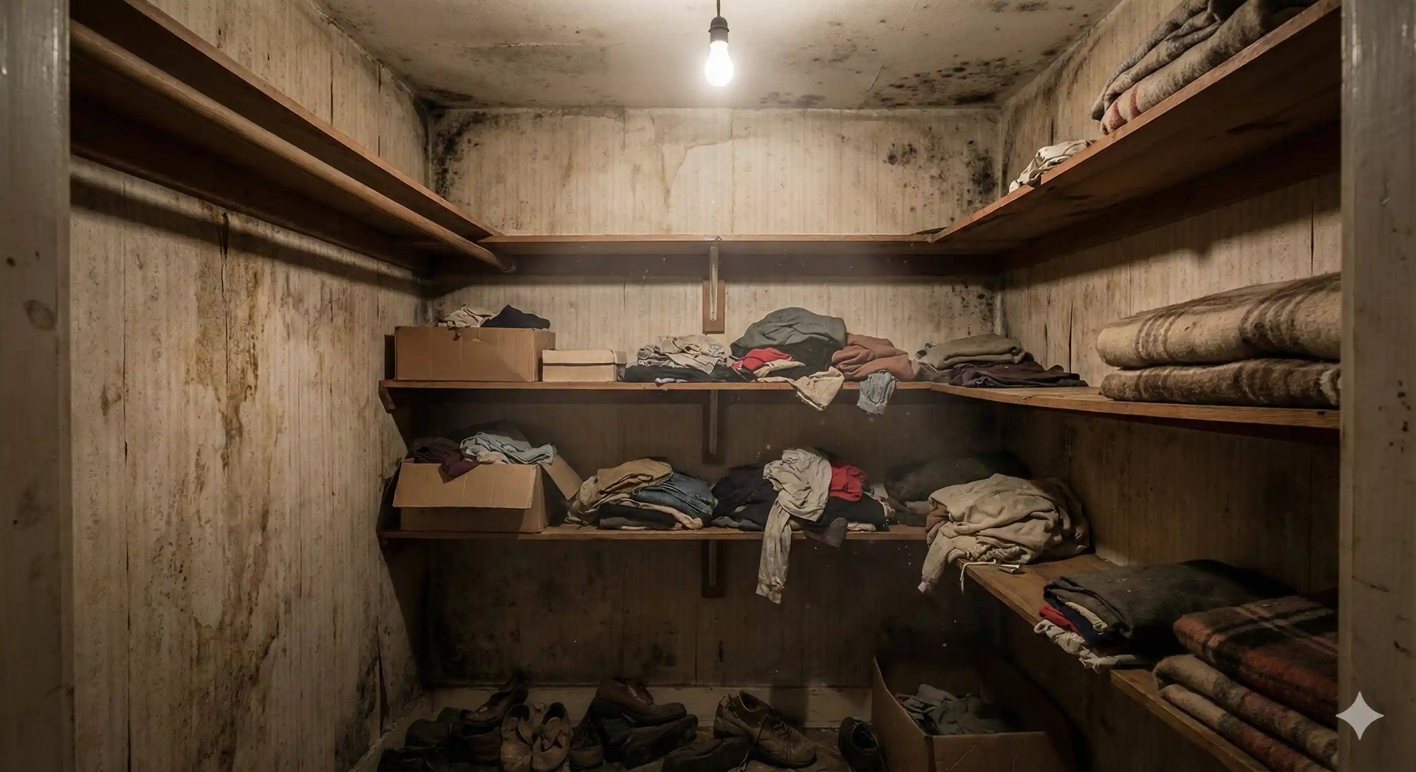 Closet or storage area where musty odor indicates moth infestation