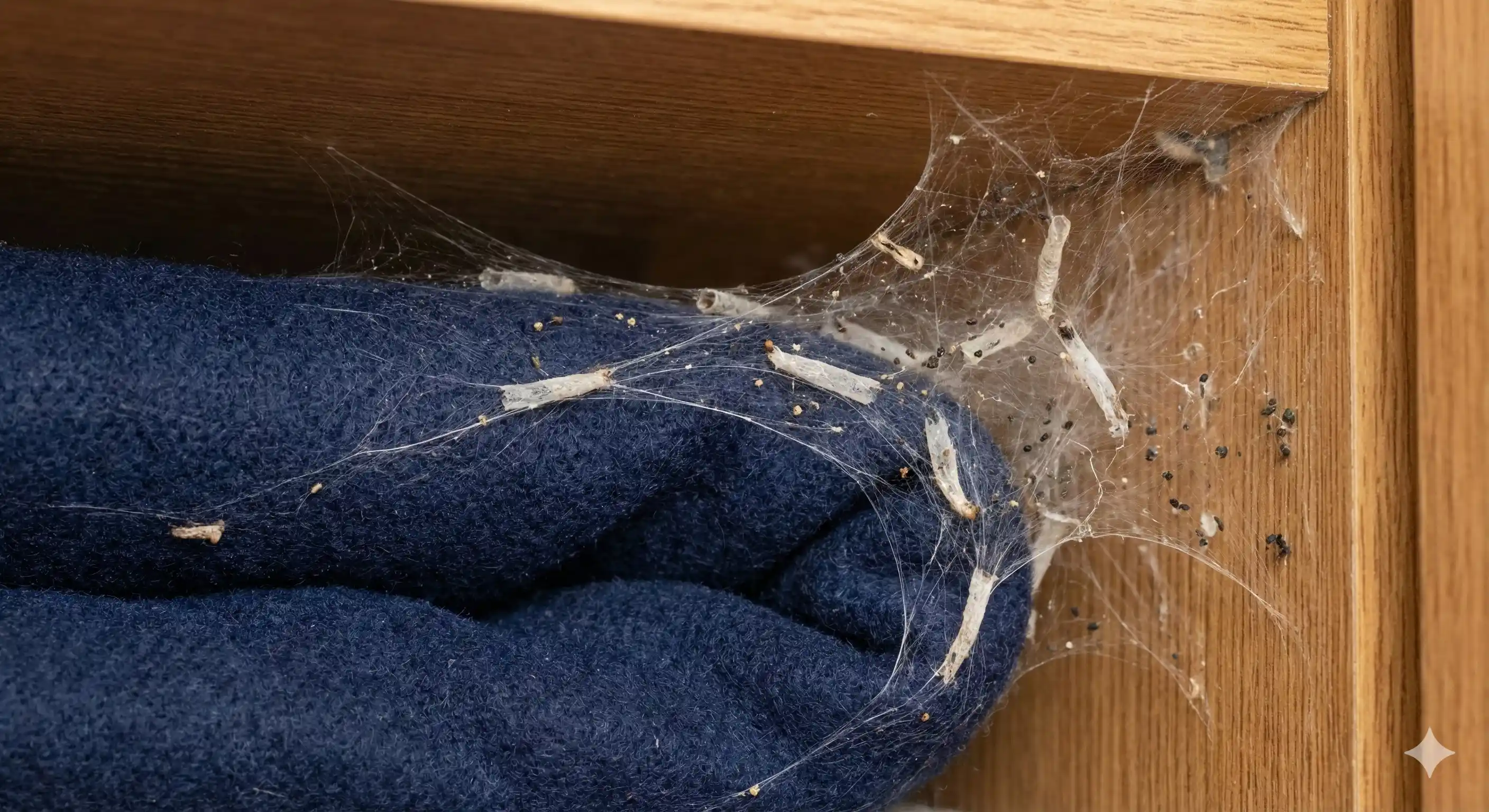 Silken webbing and tubes created by clothes moth larvae on fabric