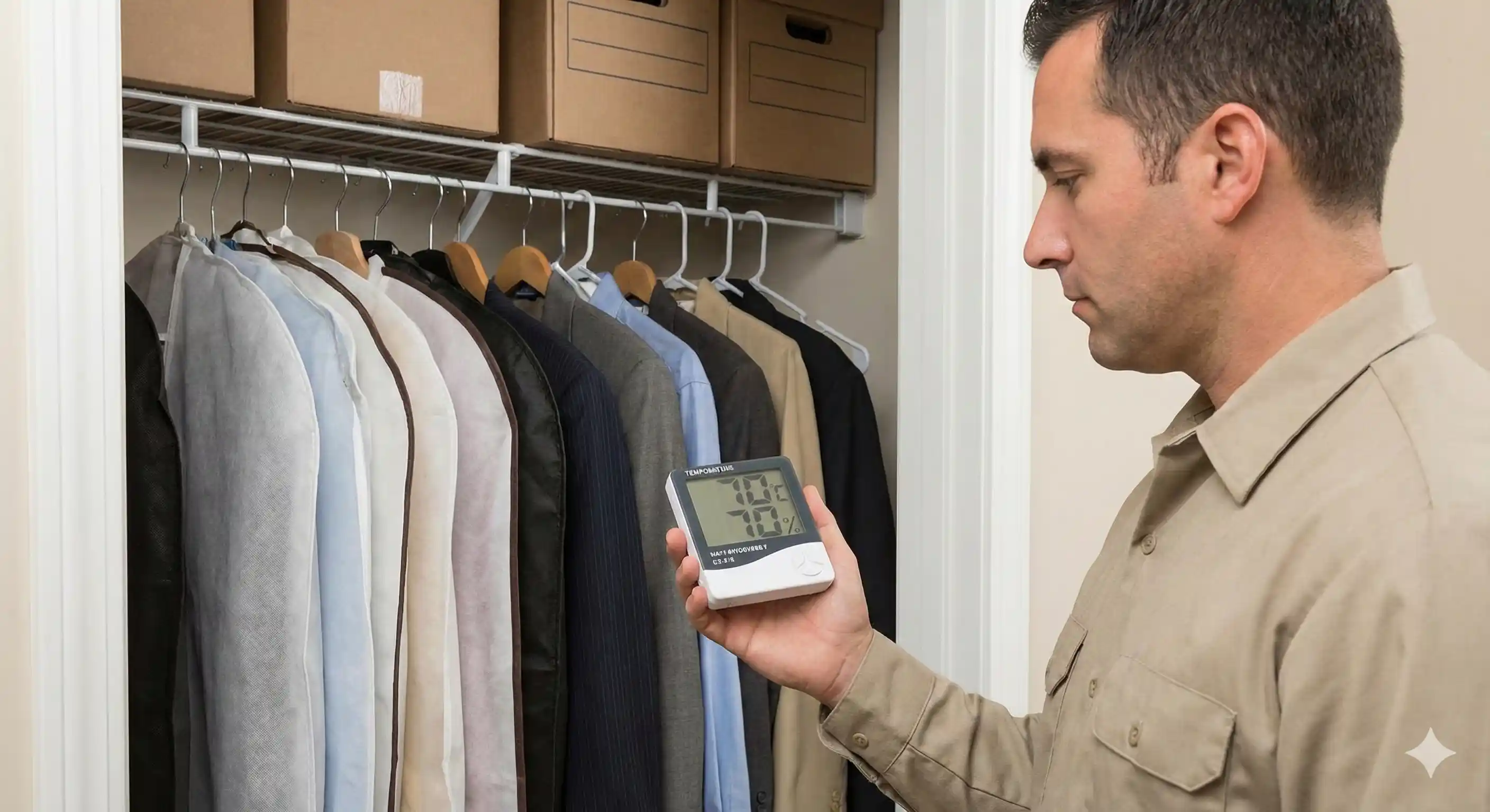 Technician assessing storage conditions and humidity for moth prevention