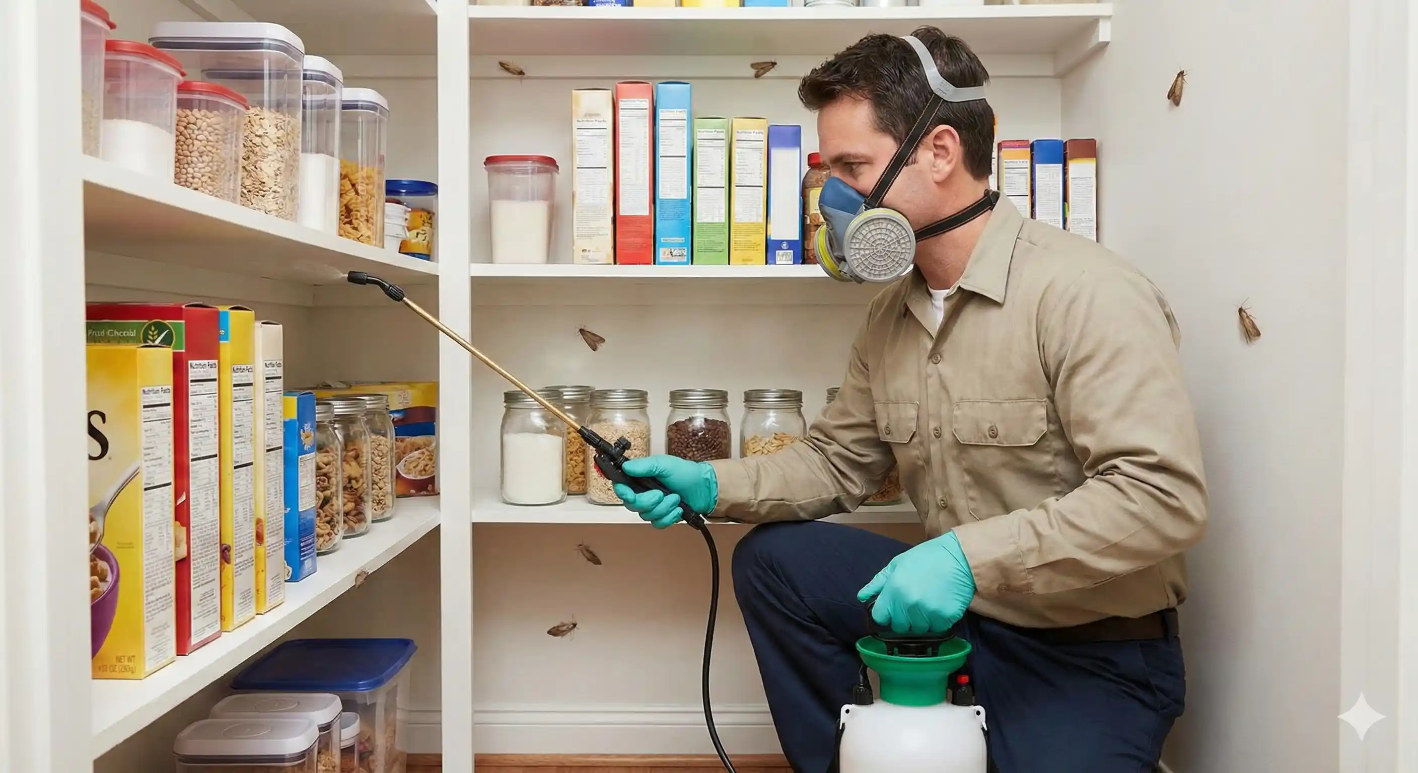 Technician treating pantry and food storage area for pantry moth elimination