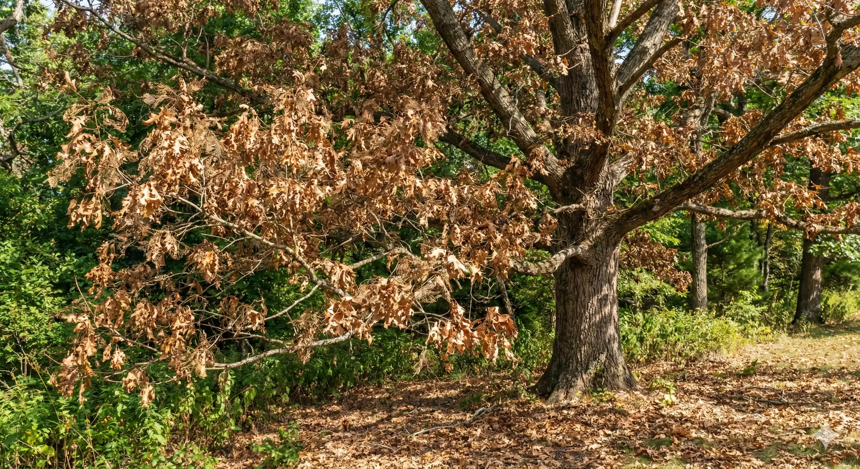 Brown dying oak leaves from oakworm damage