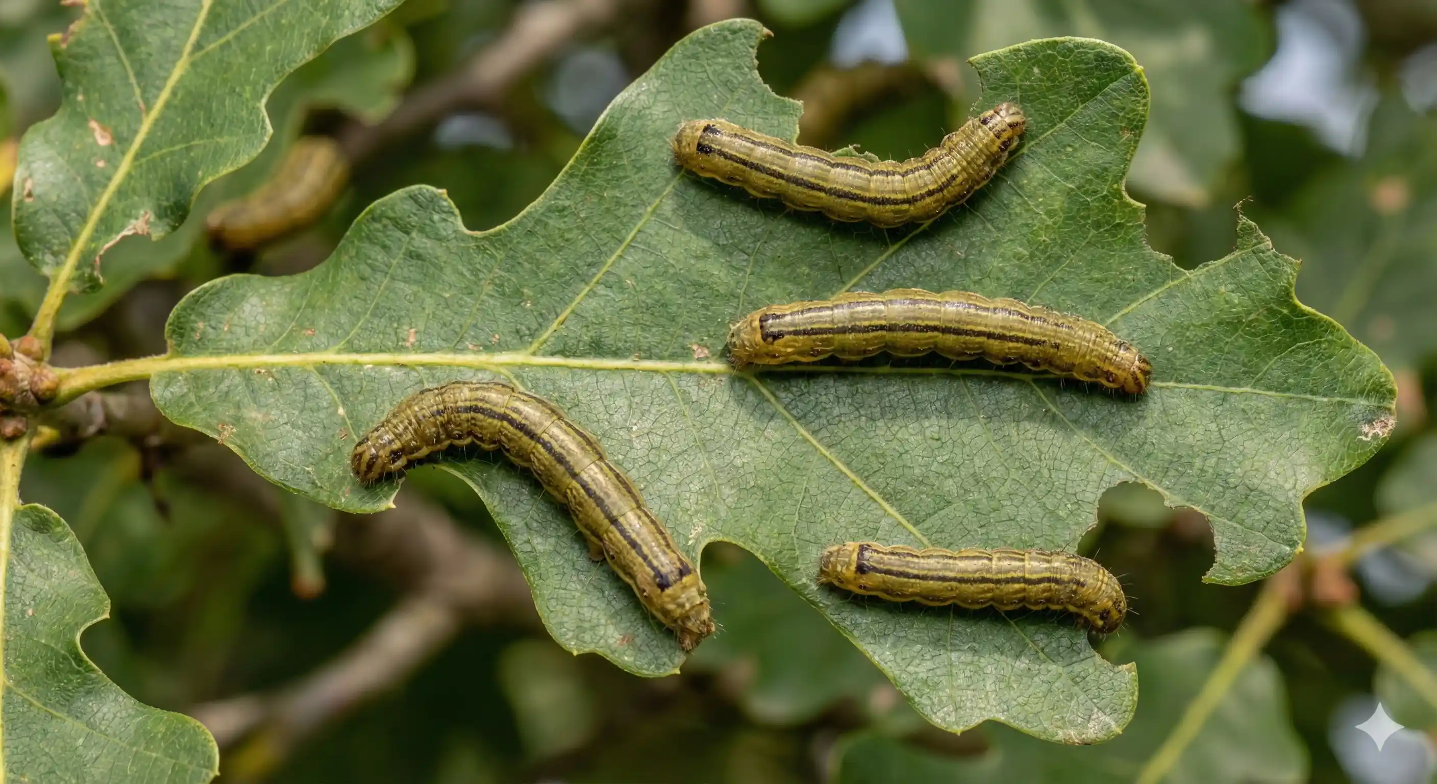 Oakworm caterpillars visible on oak tree leaves