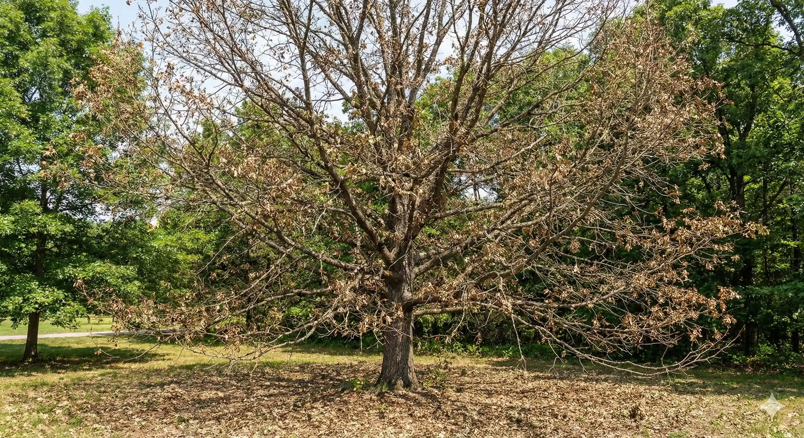 Oak tree canopy showing defoliation from oakworm damage