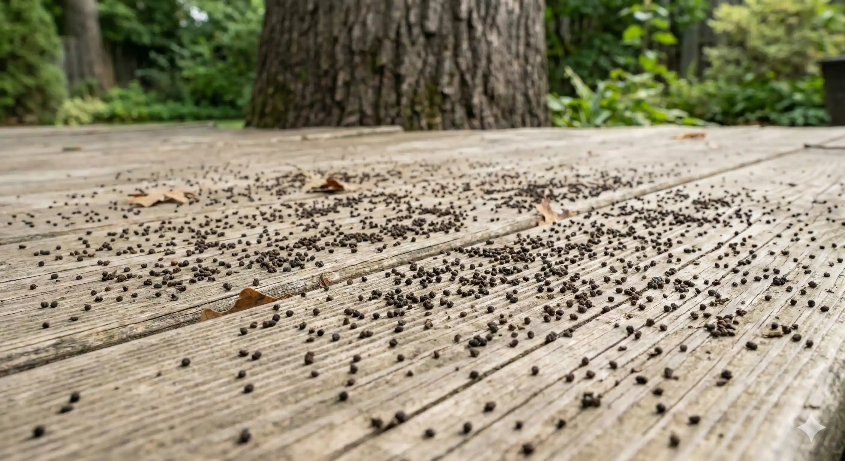 Oakworm frass droppings accumulated on surface beneath oak tree