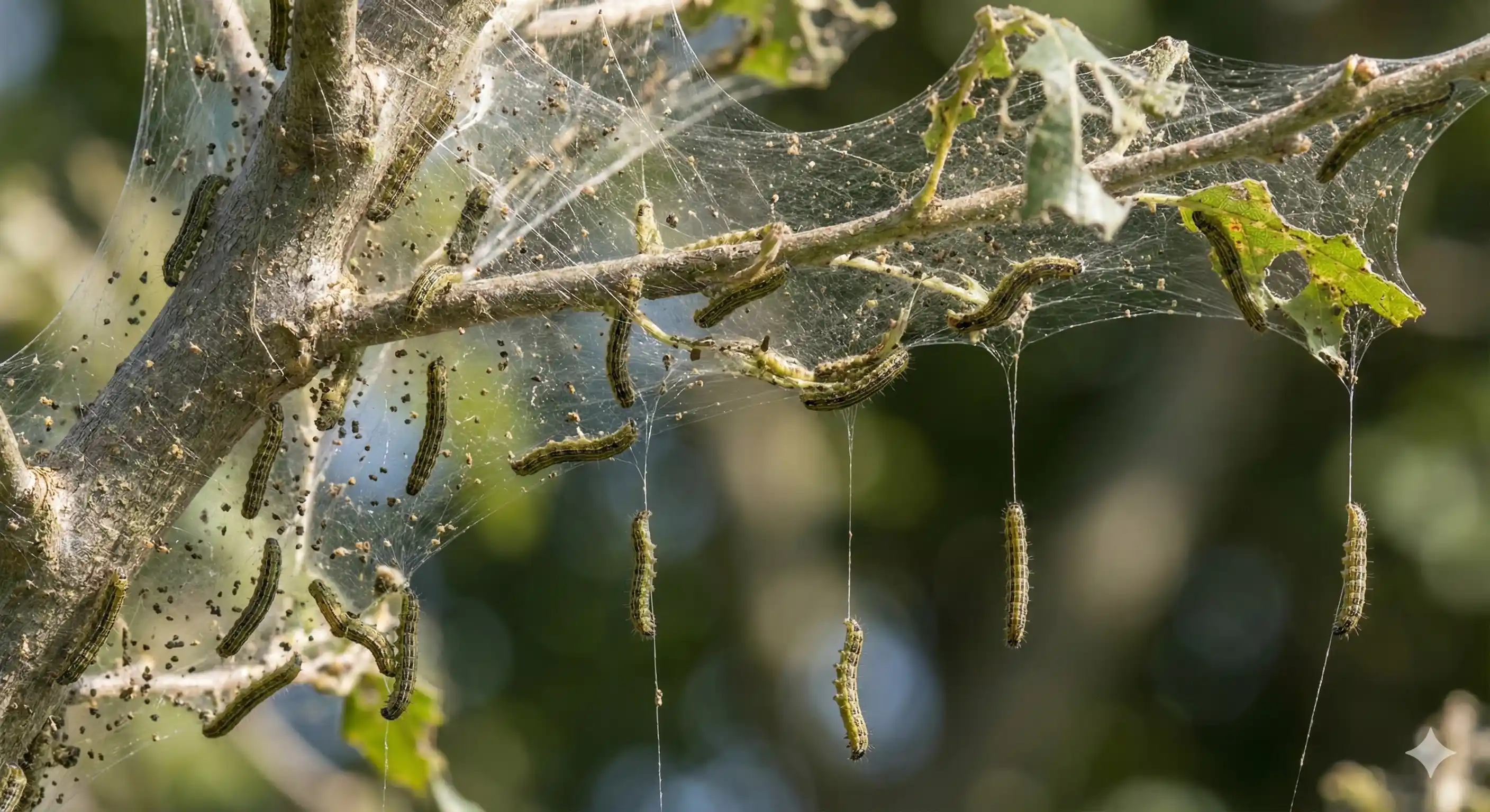 Silk threads and webbing from oakworm activity in oak tree