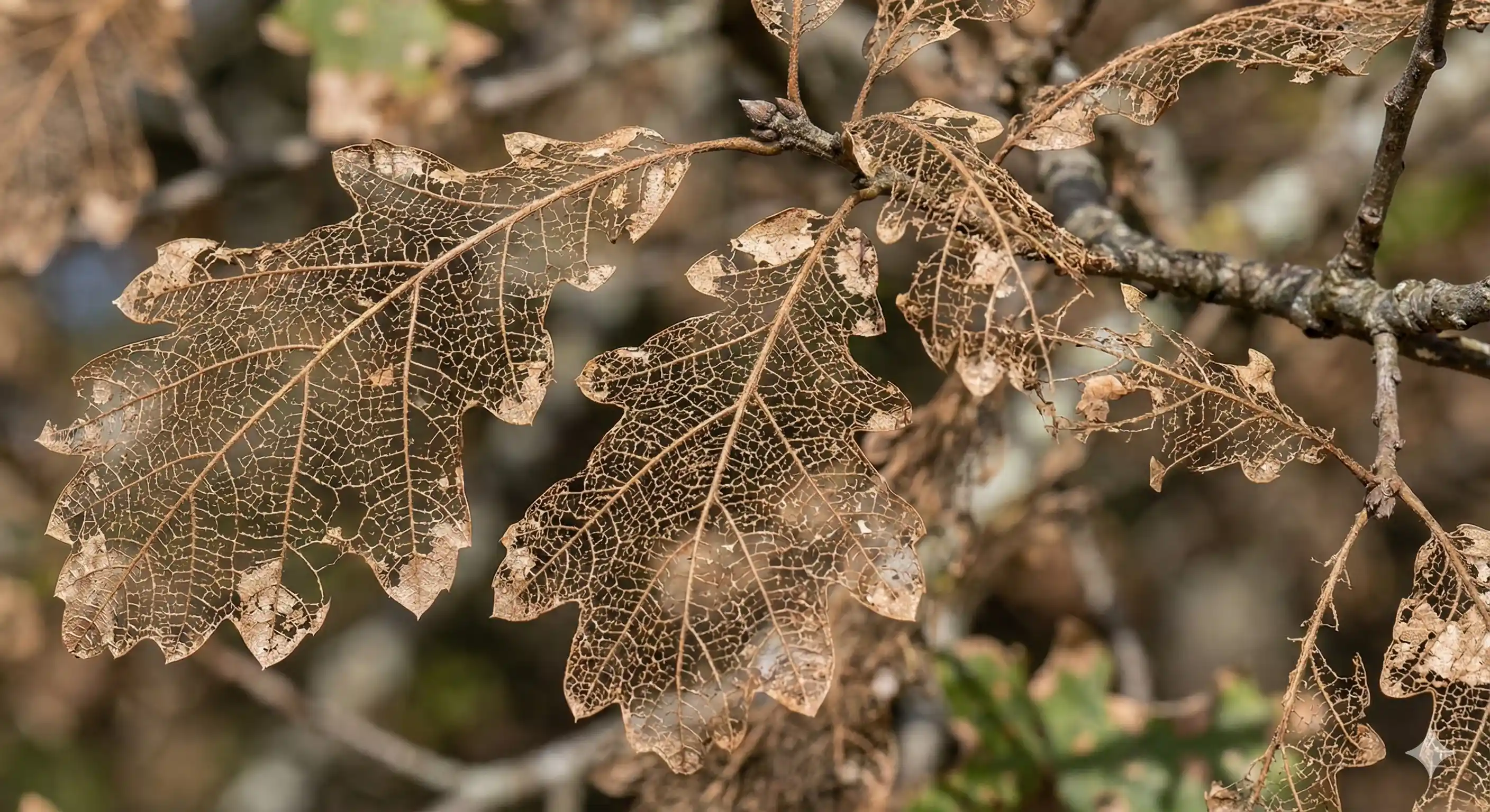Oak leaves skeletonized by oakworm feeding showing only vein structure