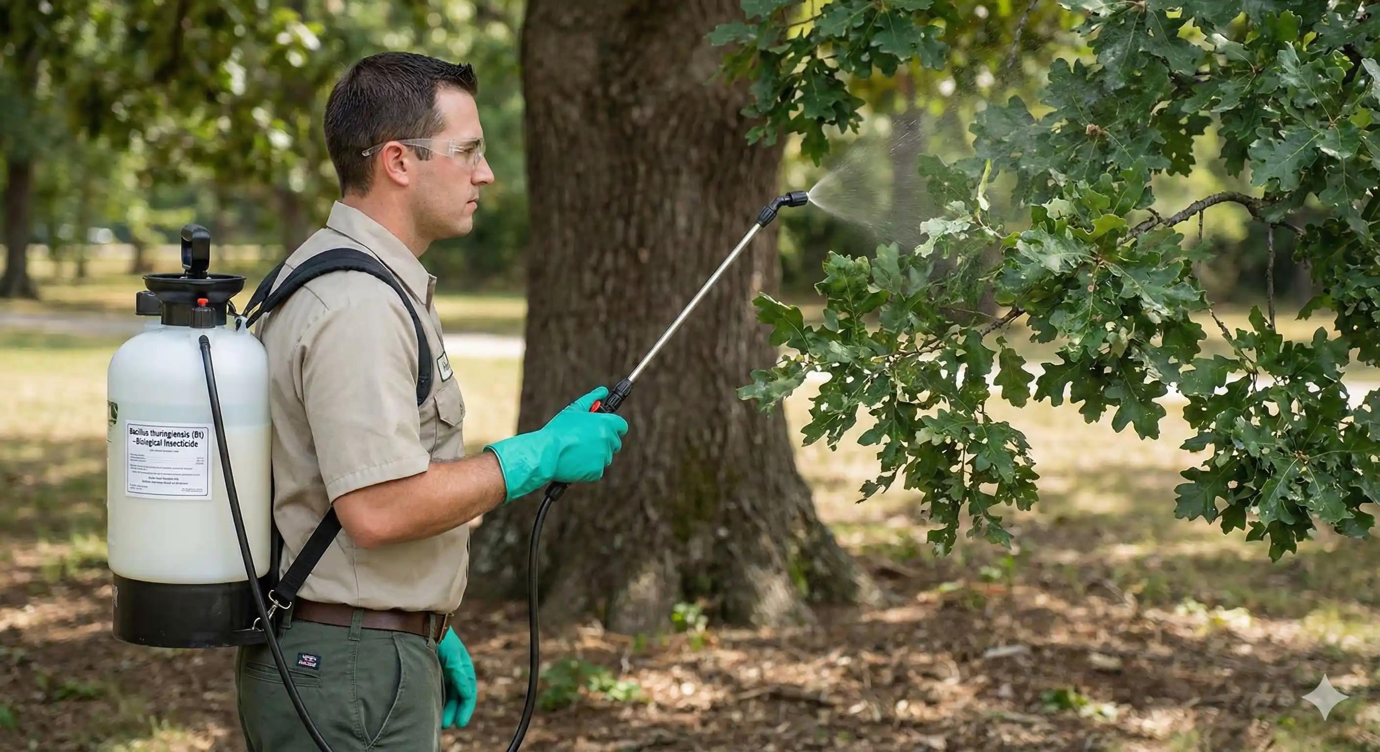 Applying Bacillus thuringiensis biological treatment for oakworm control