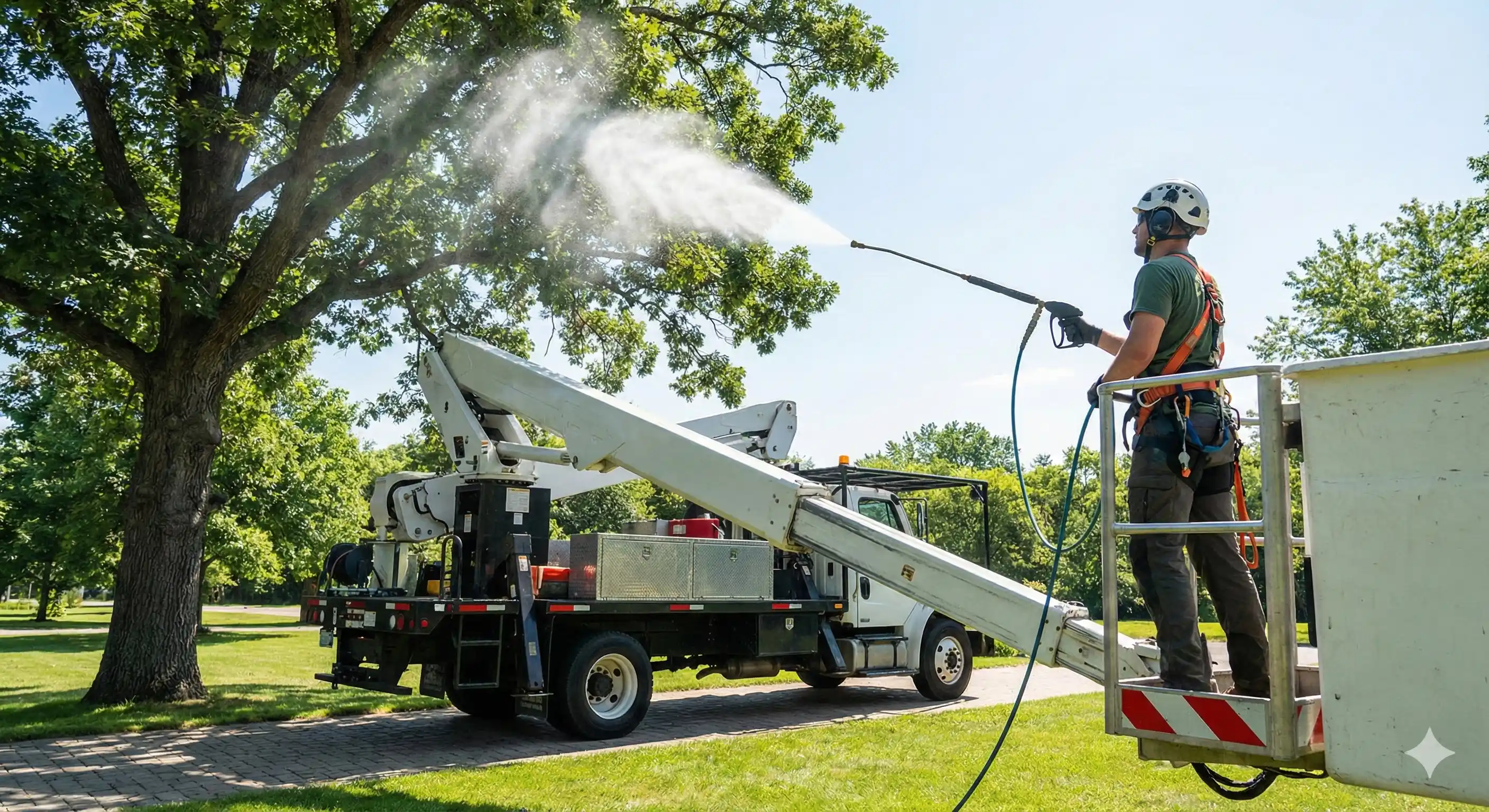 Professional foliar spray treatment reaching high into oak tree canopy