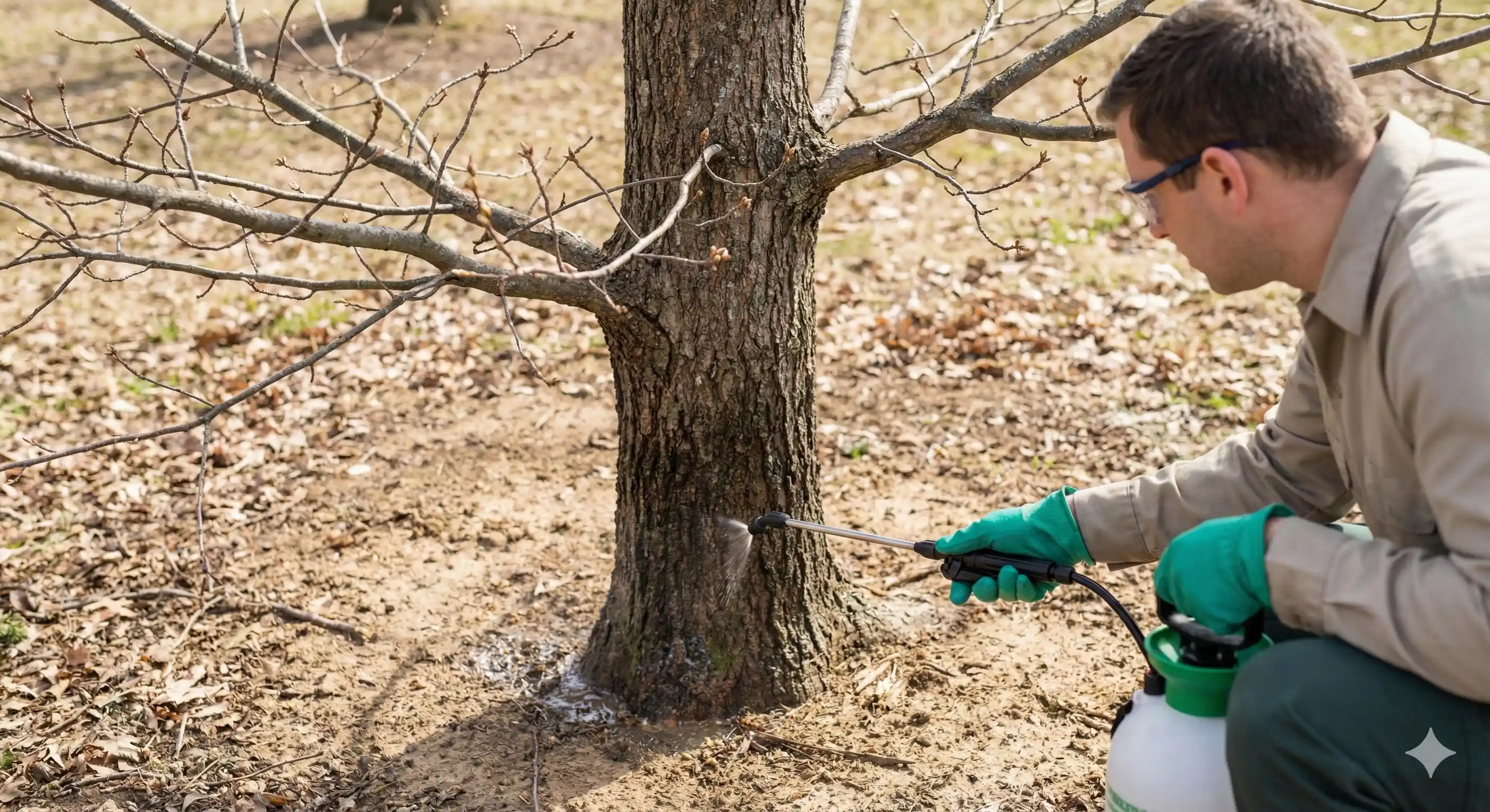 Technician applying preventative treatment to oak tree before oakworm season
