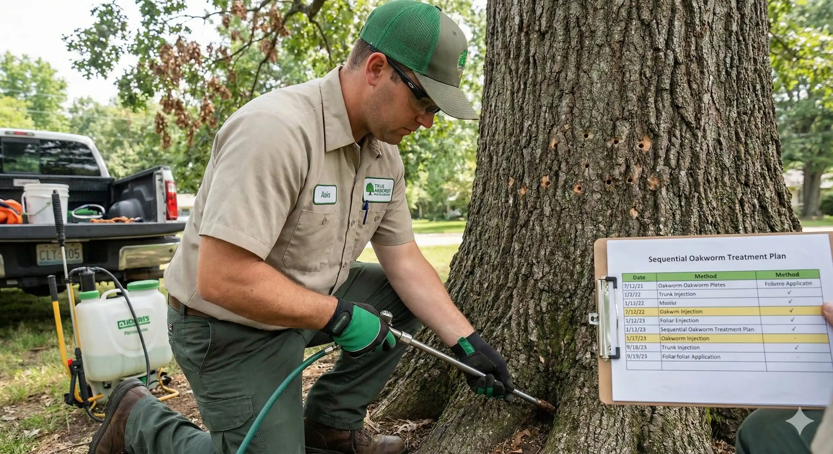 Multi-stage sequential treatment program for oakworm population control