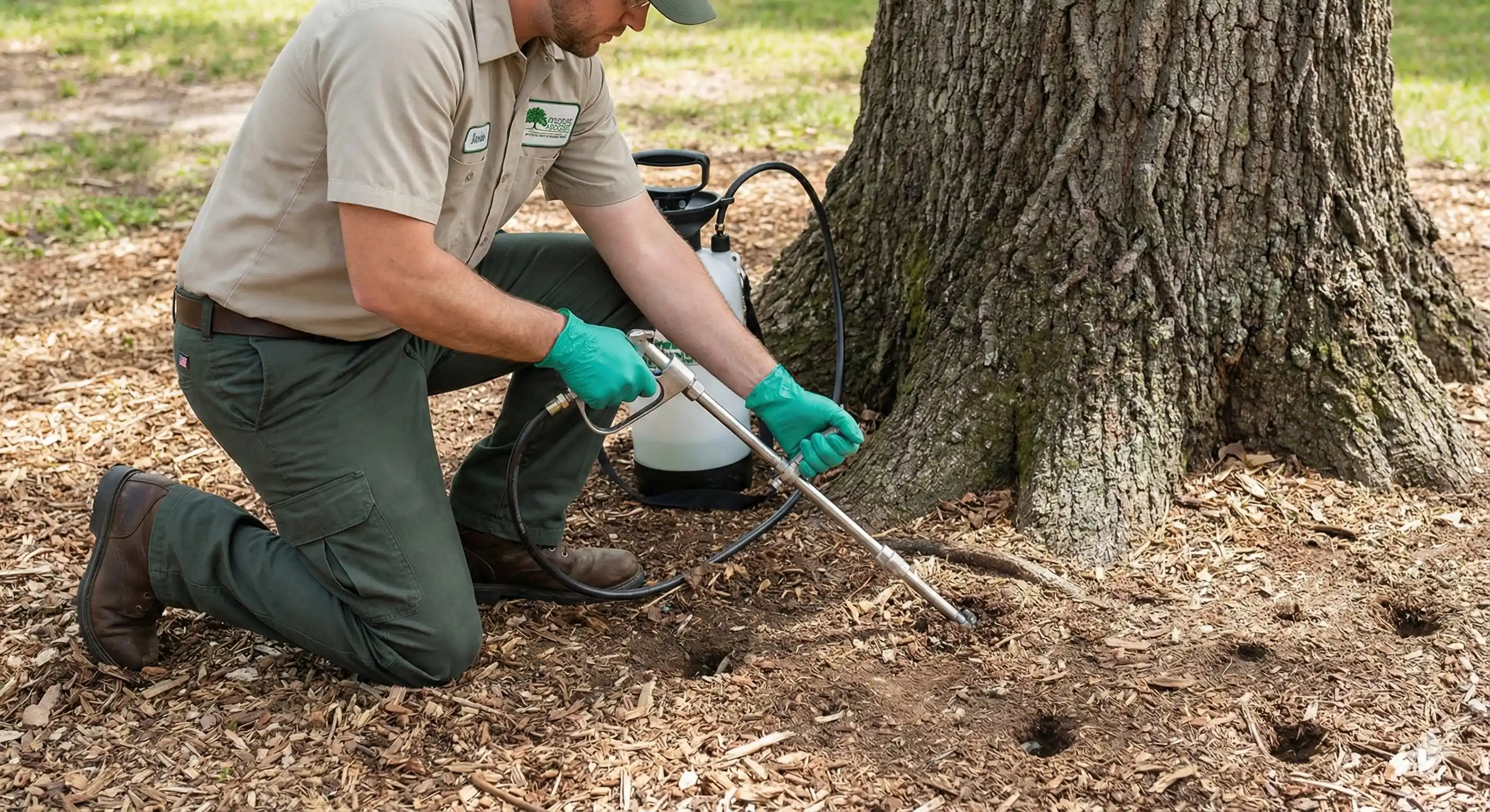 Applying soil injection treatment to oak tree root zone