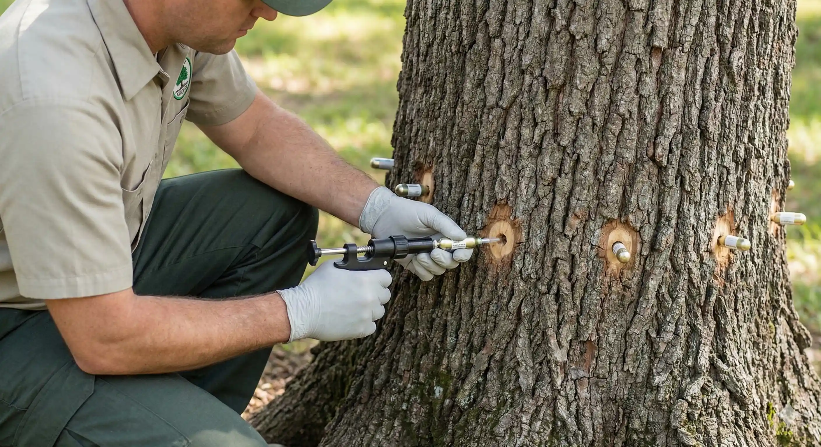 Technician performing trunk injection treatment on oak tree