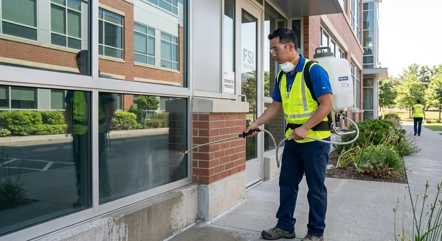 Ant treatment along office building exterior