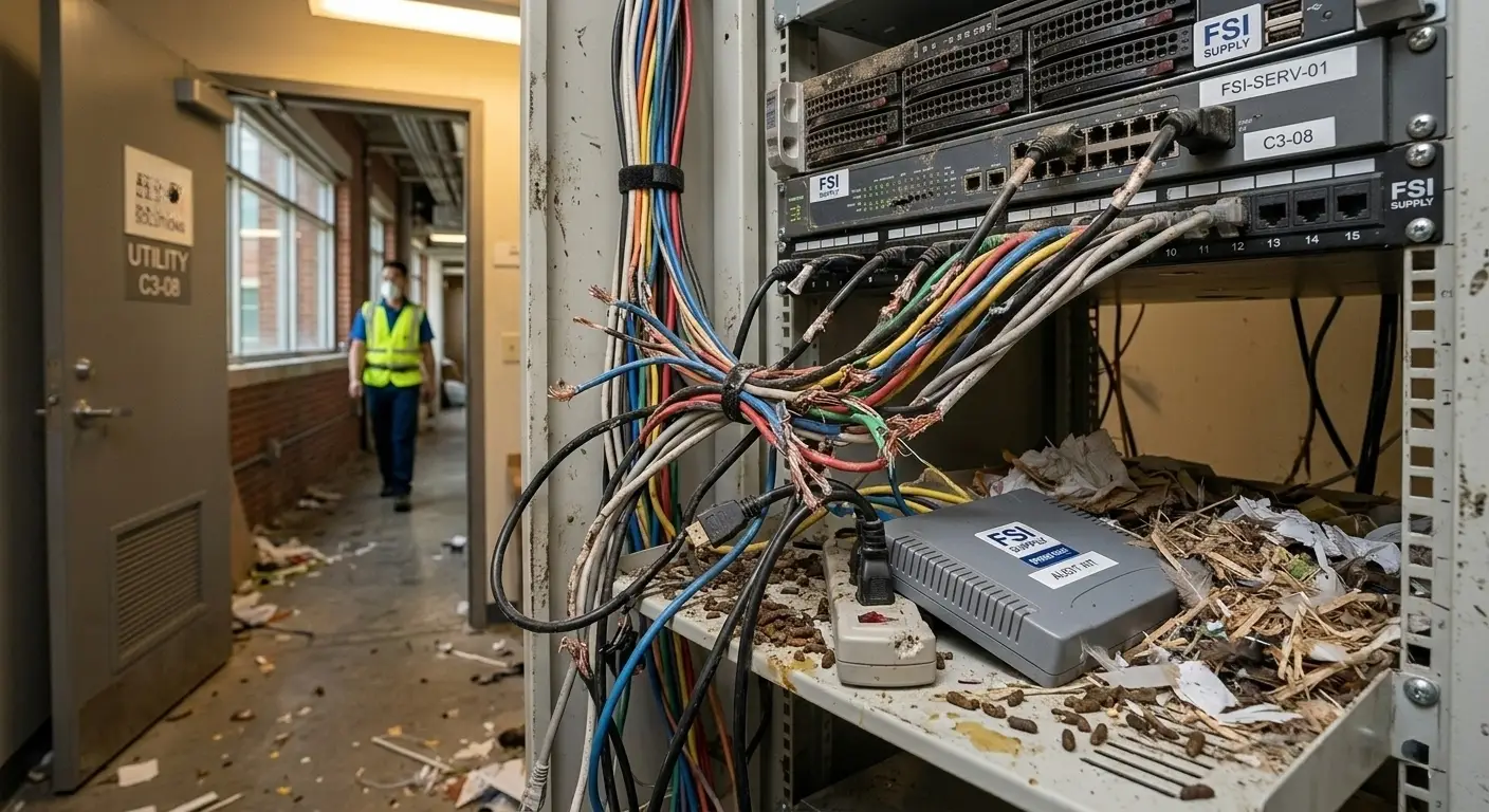 Evidence of rodent damage to office wiring and equipment