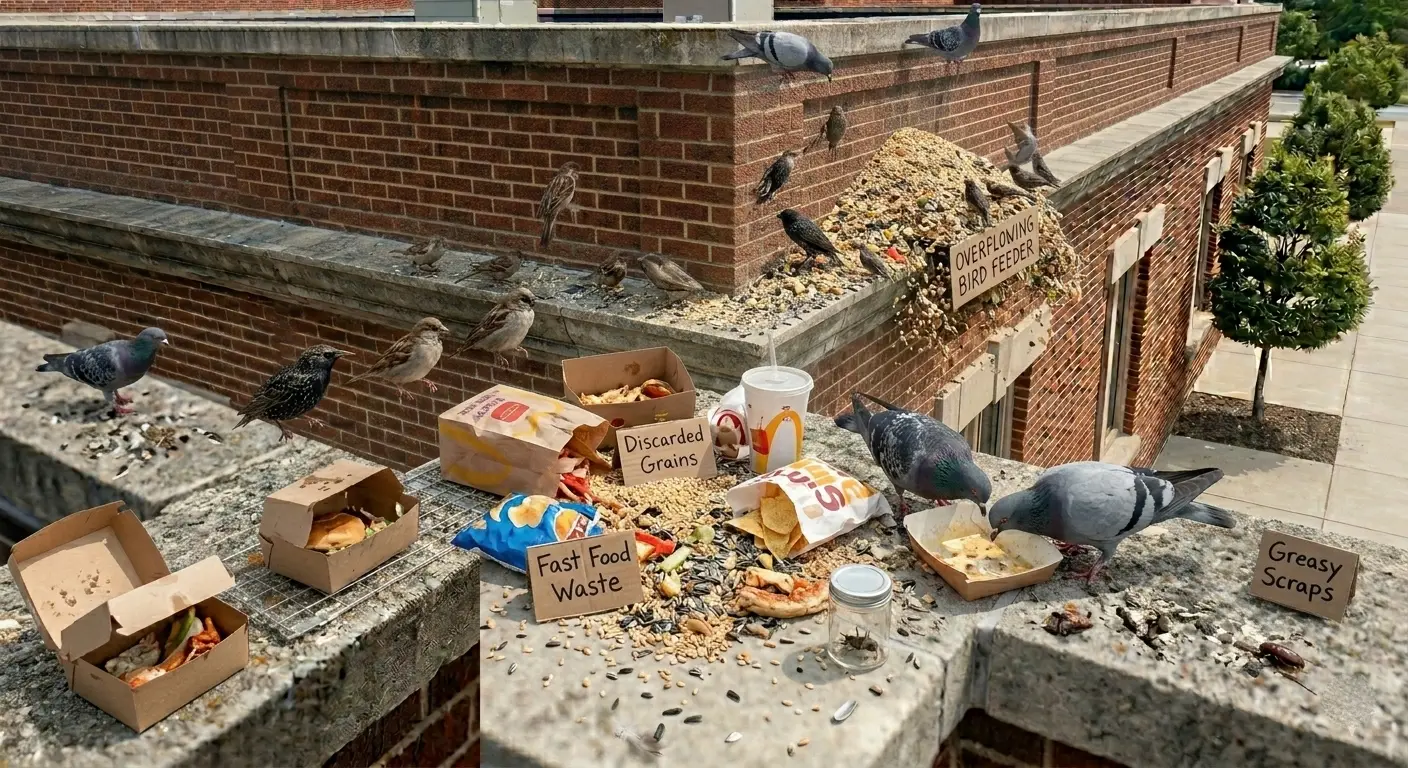 Food sources attracting pigeons to property