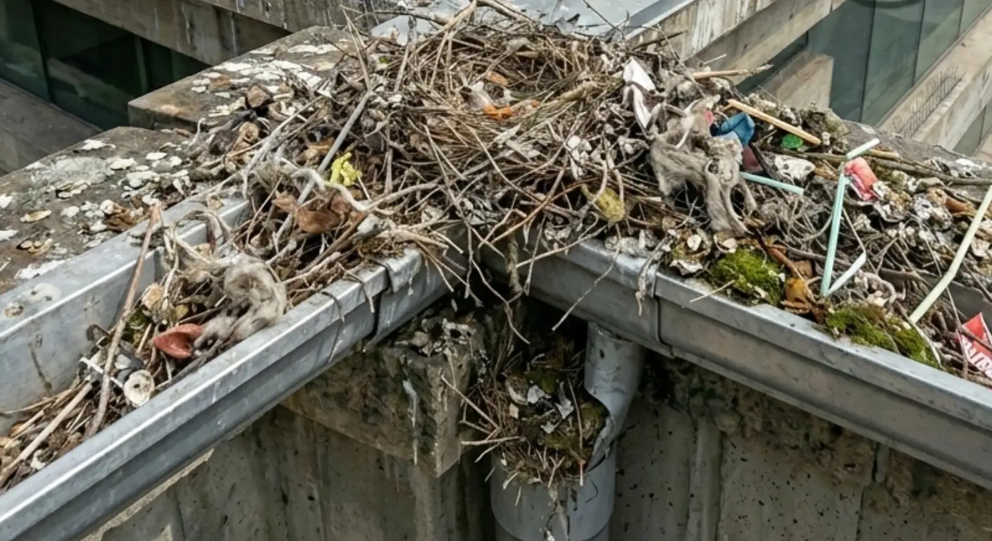 Gutter blocked by pigeon nesting materials