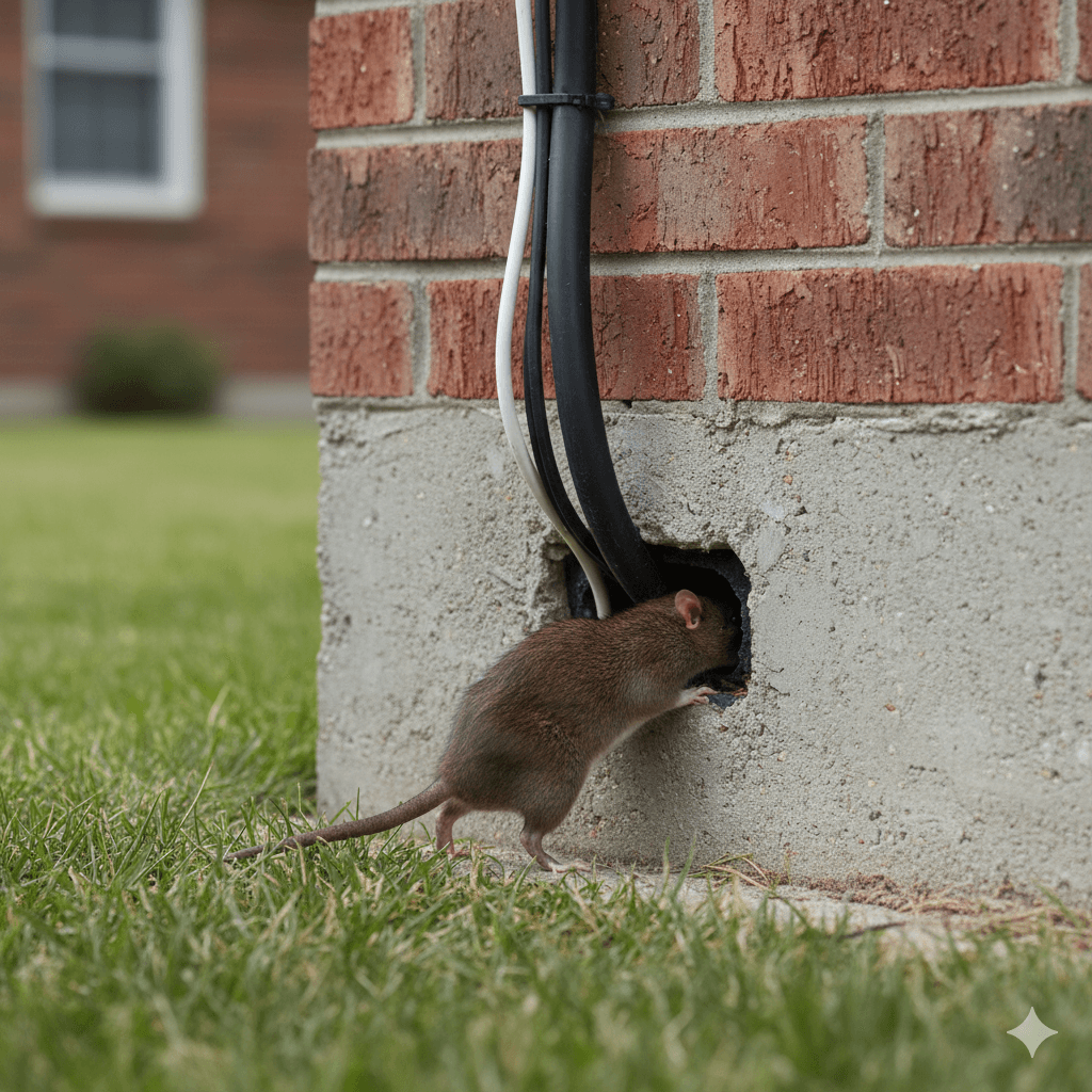 Gaps around utility lines and unscreened vents creating rat entry points