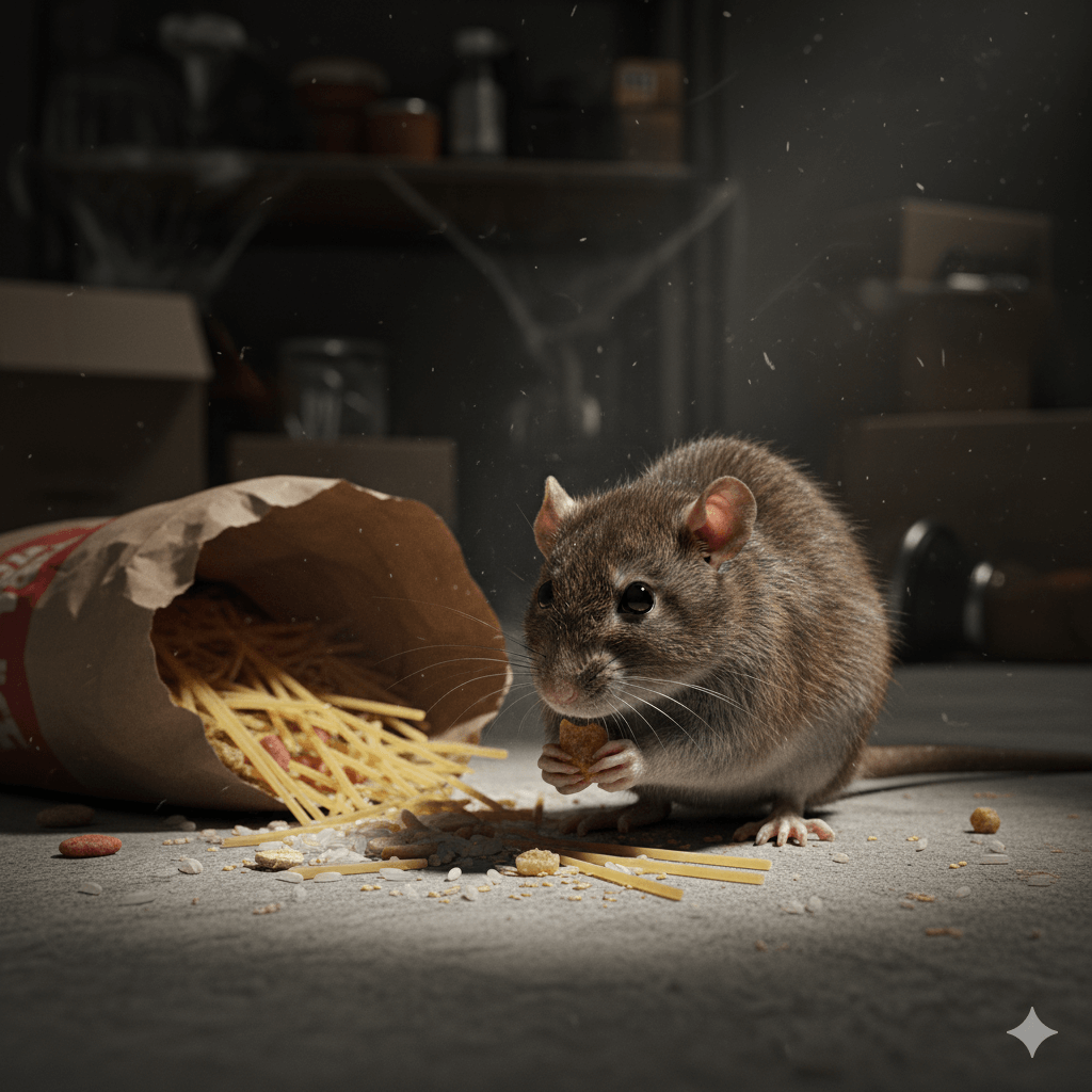 Unsecured garbage and crumbs providing food sources for opportunistic mice