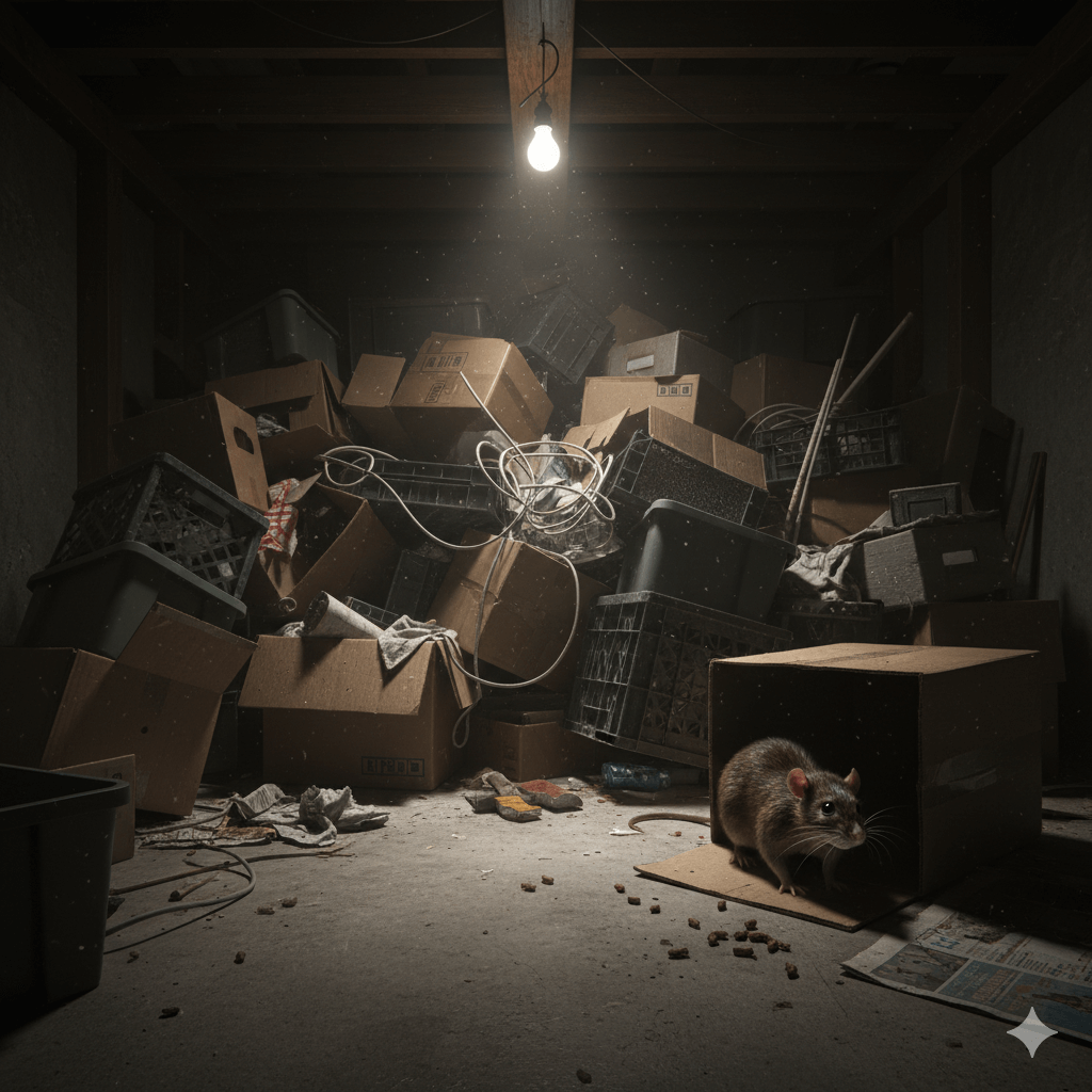 Cluttered storage space providing protected rat nesting spaces