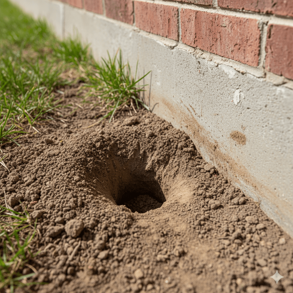 Rat burrow entrances near building foundation and under dense vegetation