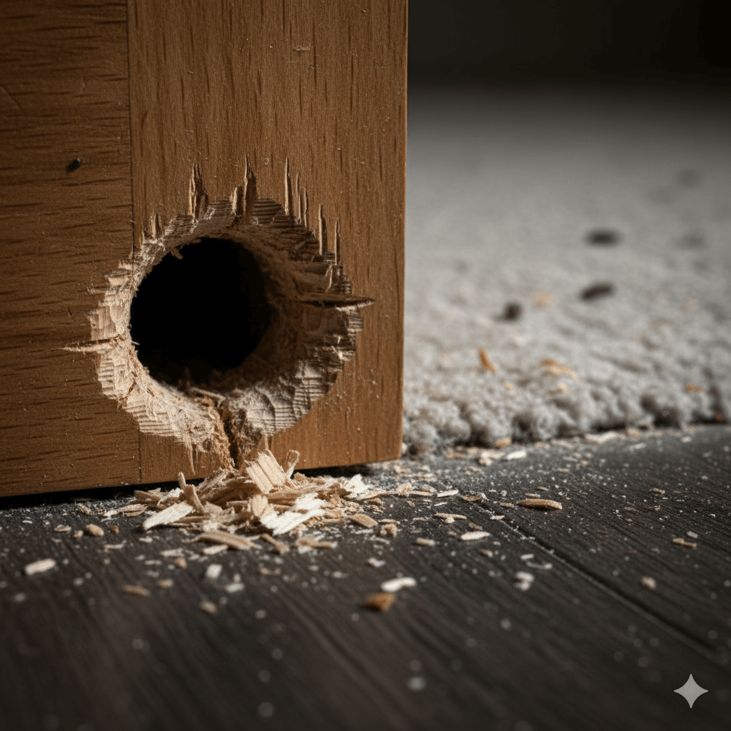 Rough edged gnaw marks on wood showing characteristic mice teeth damage