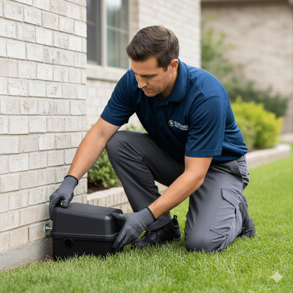 Professional grade tamper resistant bait stations positioned along rat runways