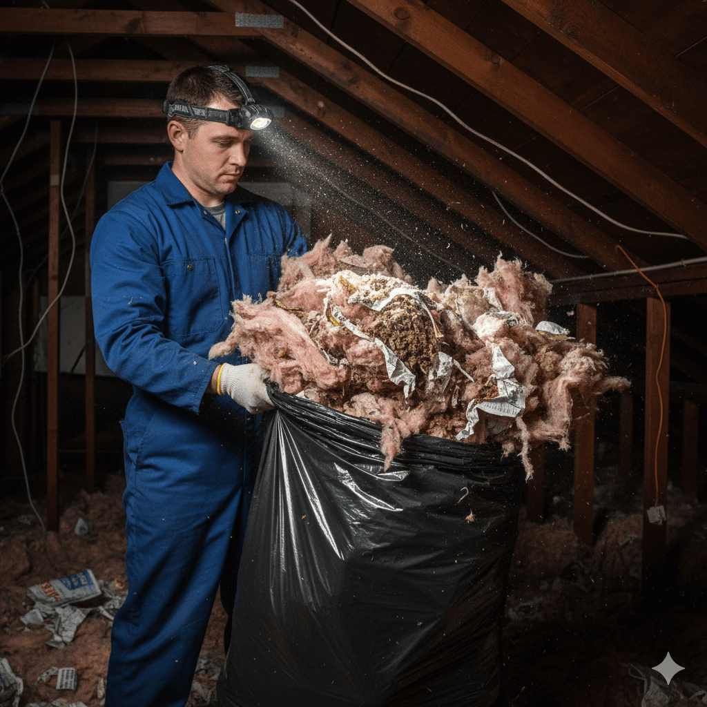 Removal of mice harborage areas including nesting sites and shelter locations