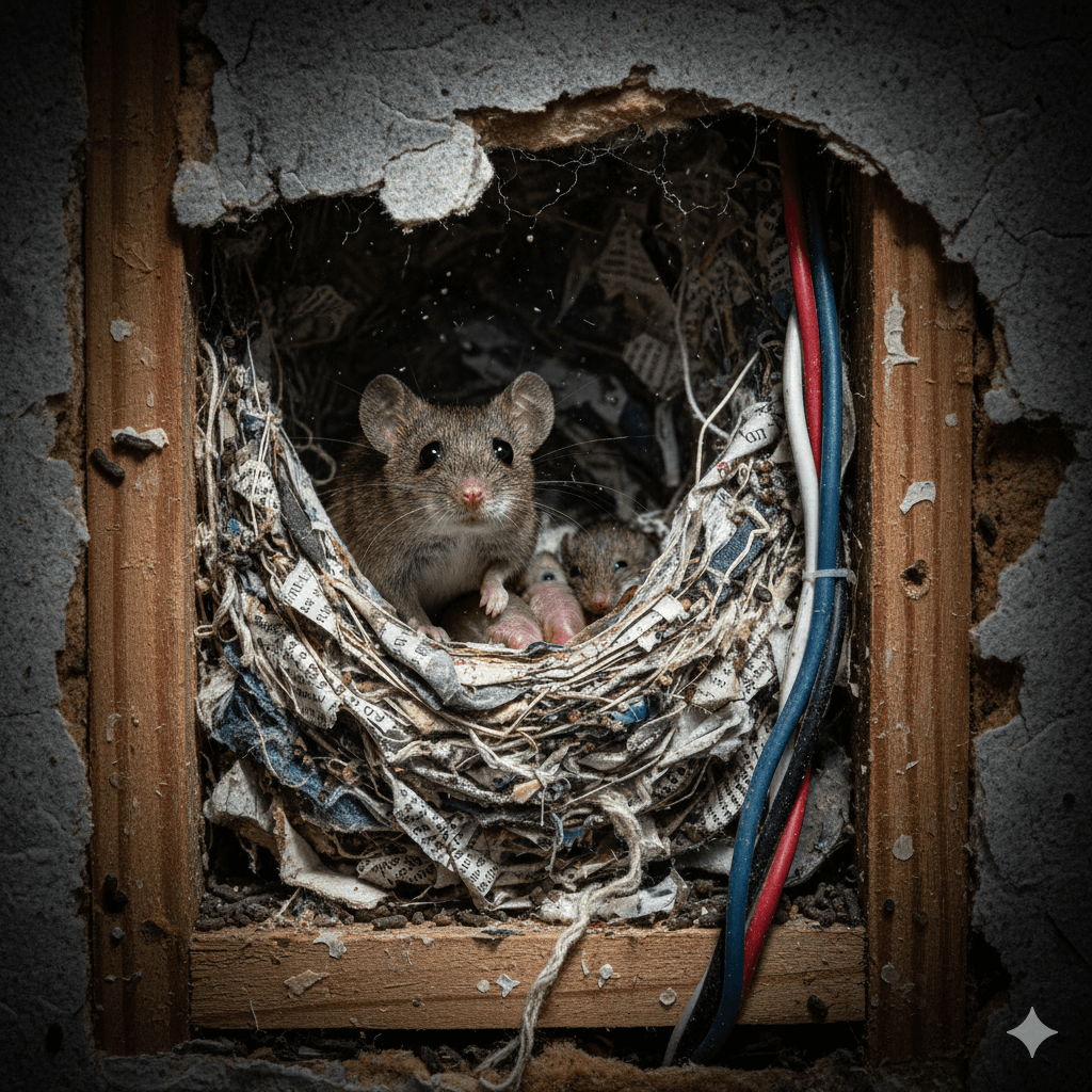 Shredded materials and debris indicating pest nesting activity in home