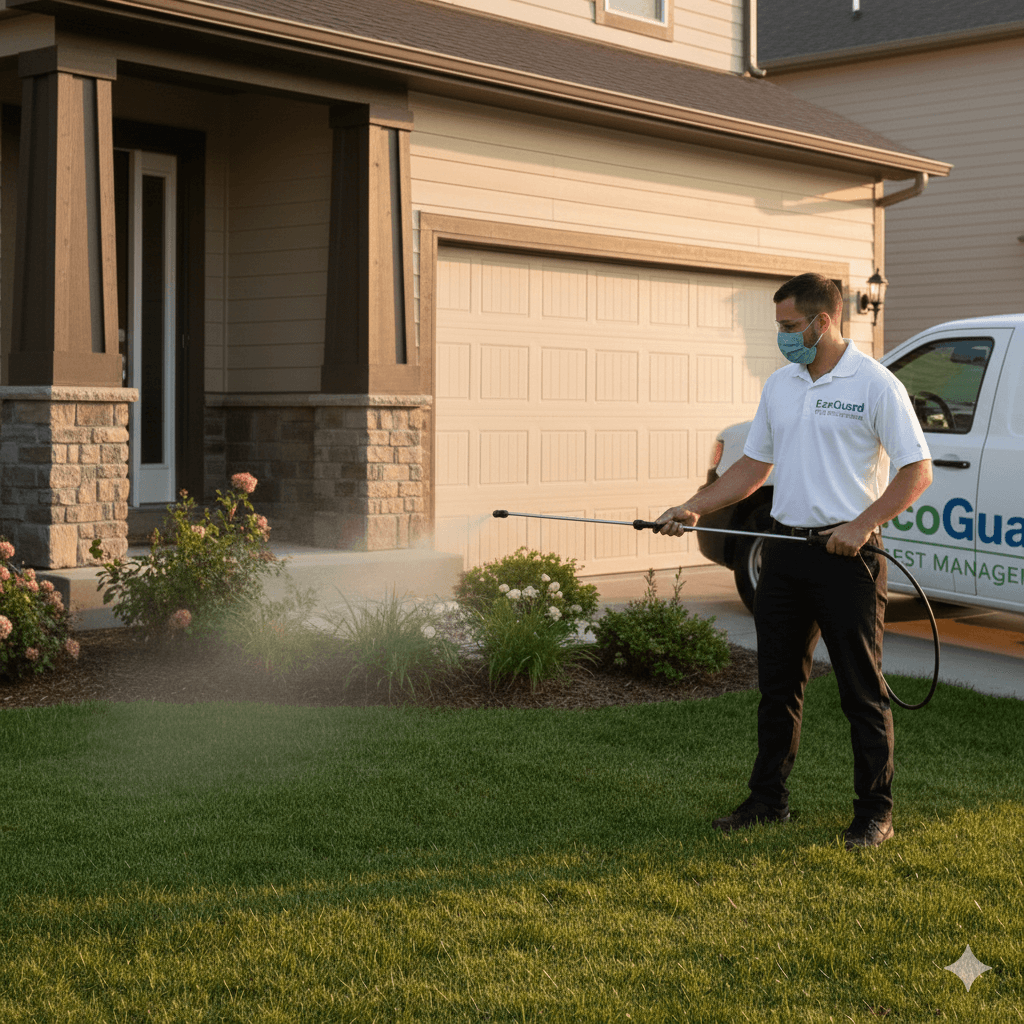 Technician applying exterior perimeter barrier treatment around home foundation