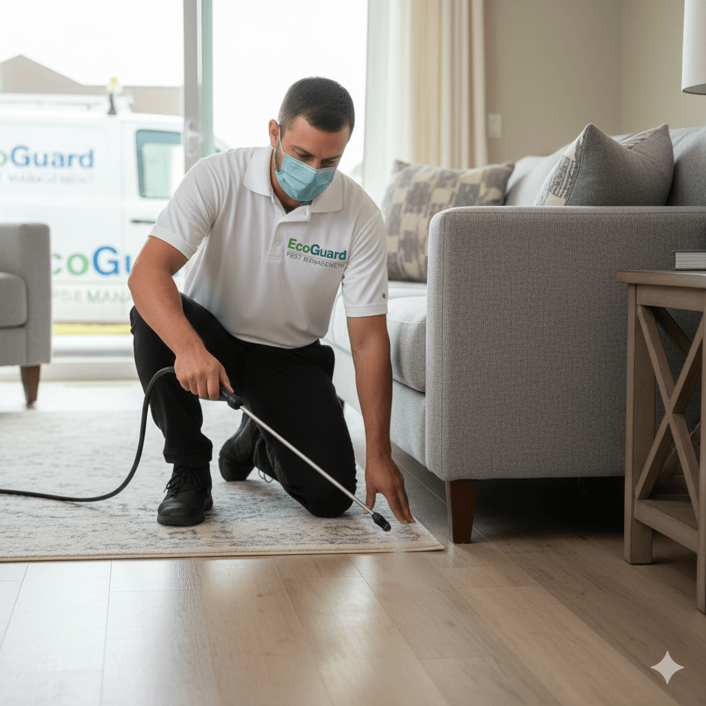 Professional interior pest treatment application in kitchen and living areas