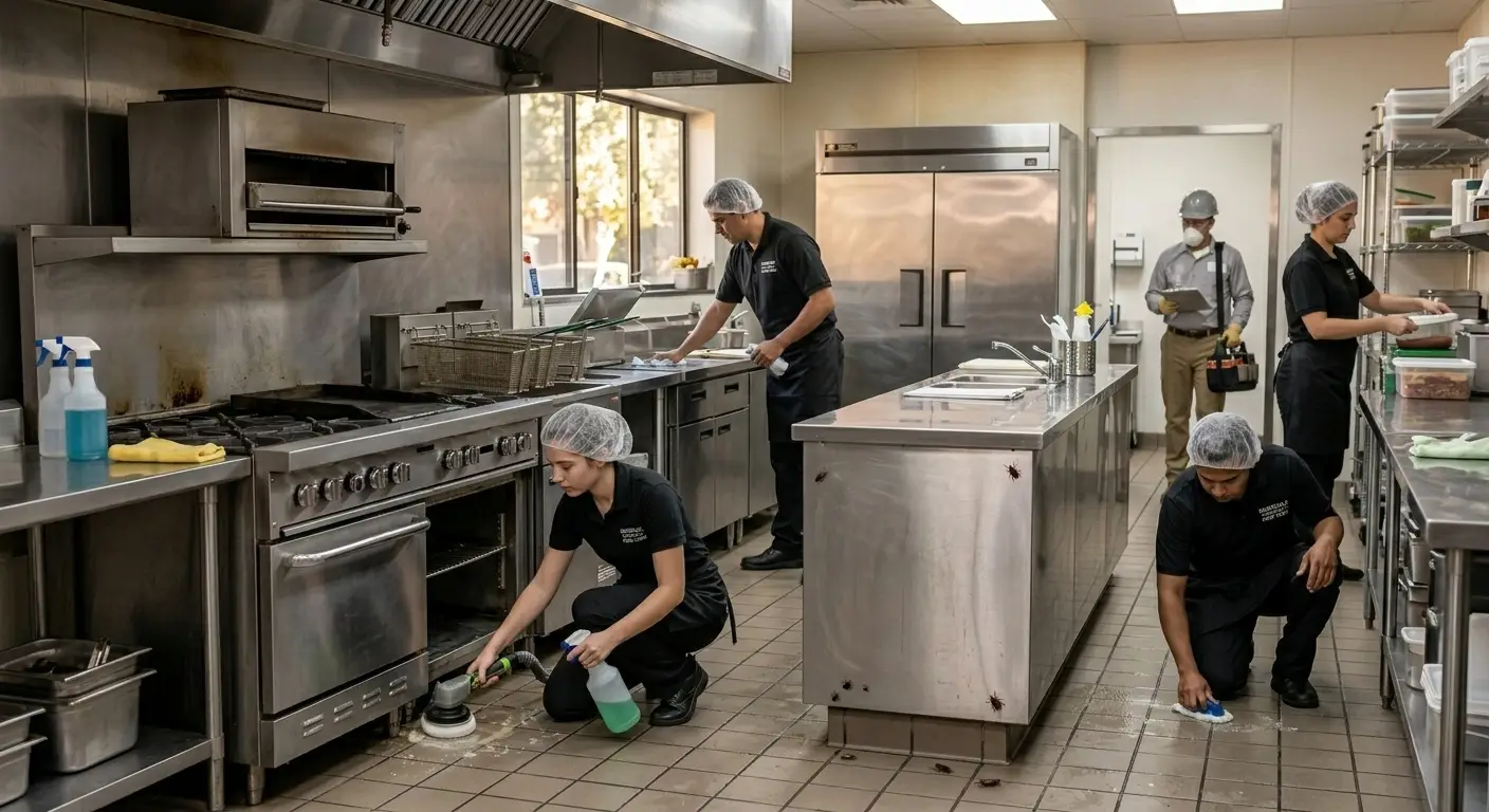 Restaurant staff preparing kitchen for pest control service
