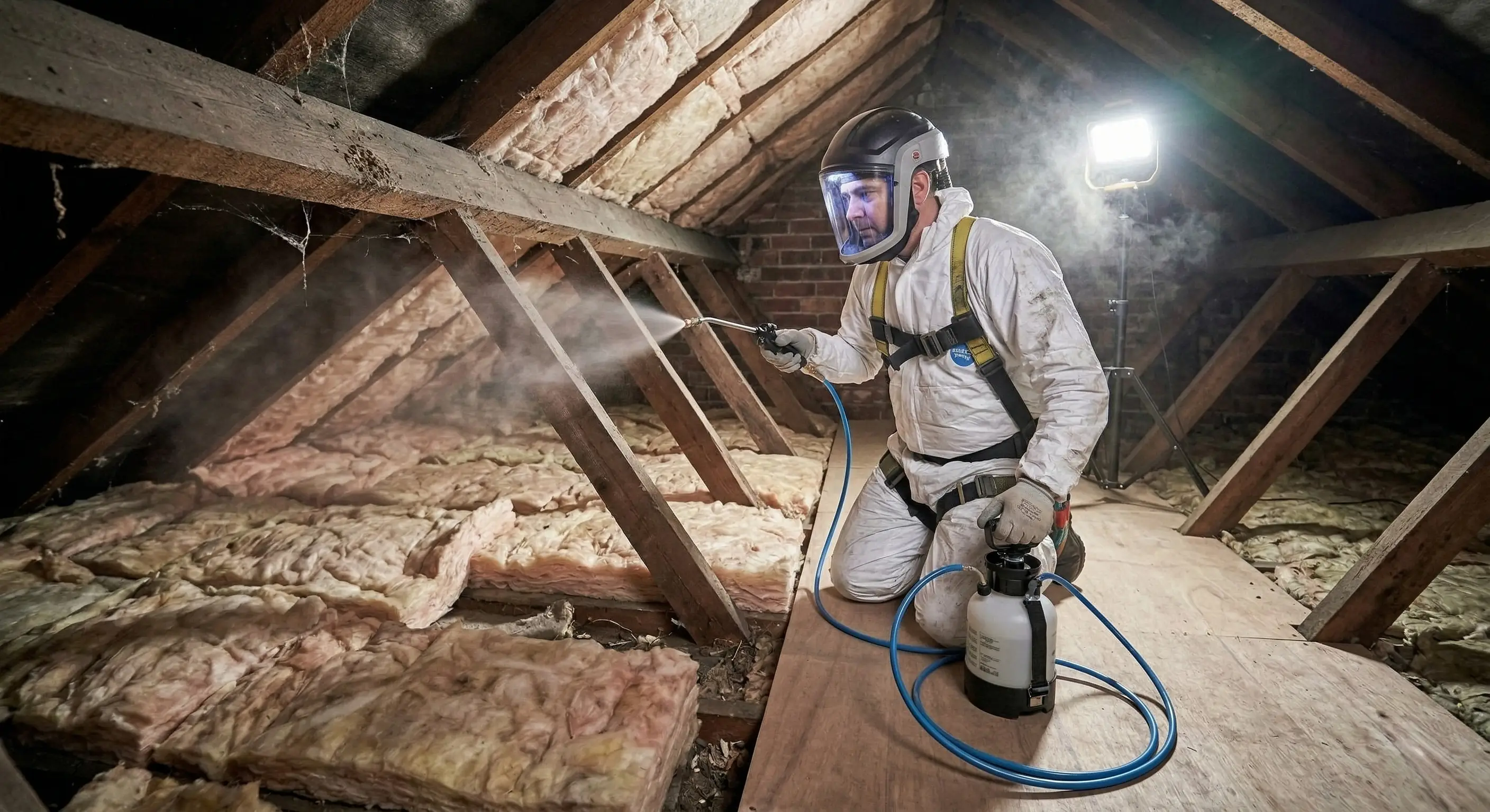 Technician applying sanitation treatment to decontaminate area