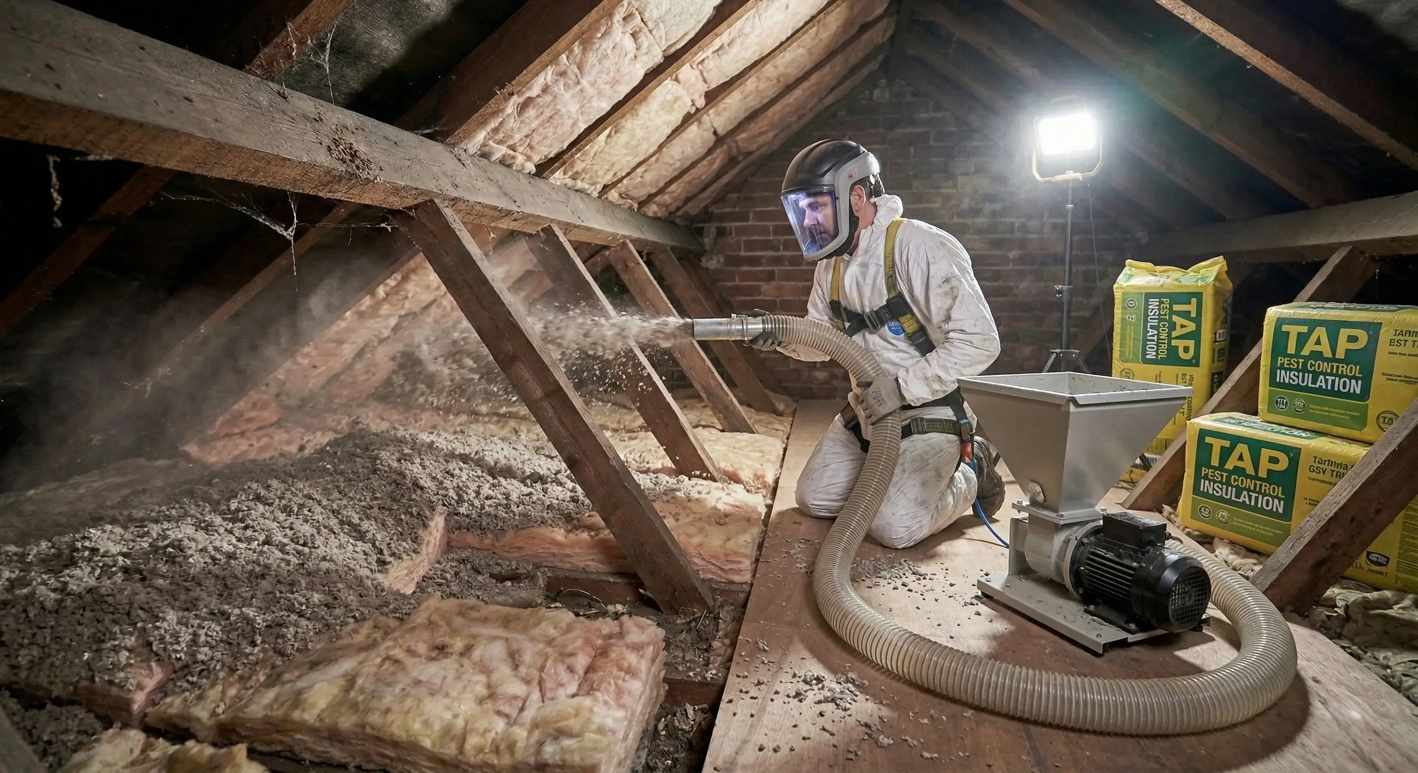 TAP pest control insulation being installed in attic