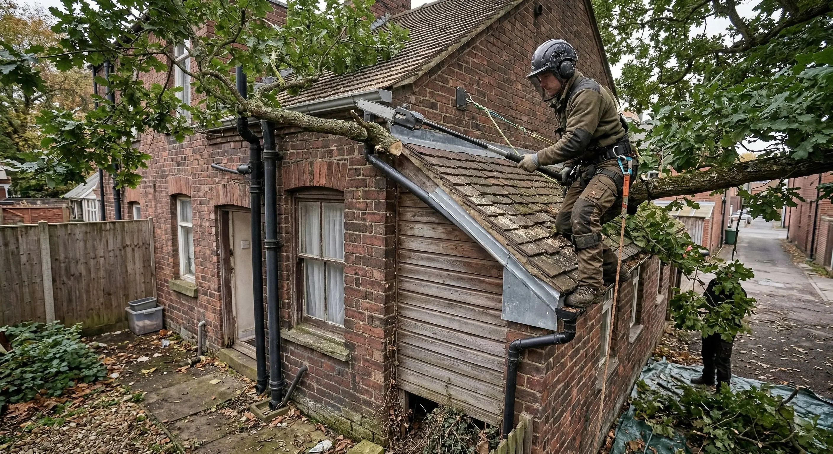 Tree branches being trimmed away from roof to prevent rodent access