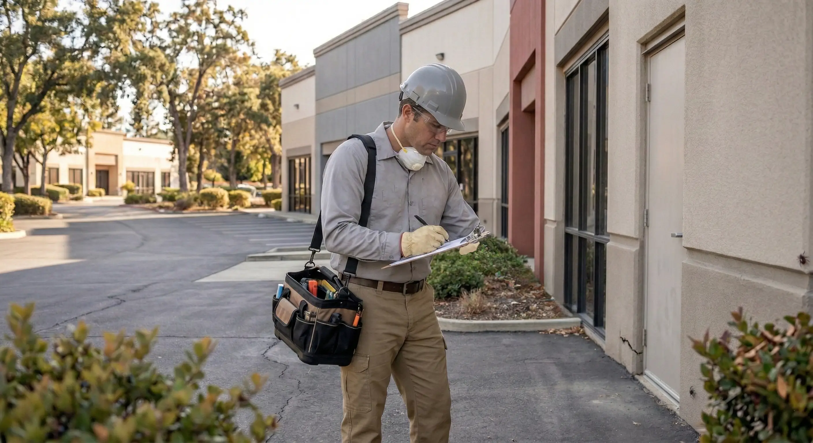 Technician inspecting exterior of home for rodent entry points
