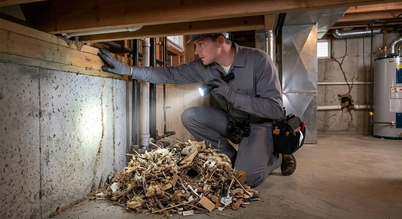 Technician inspecting interior spaces for rodent activity
