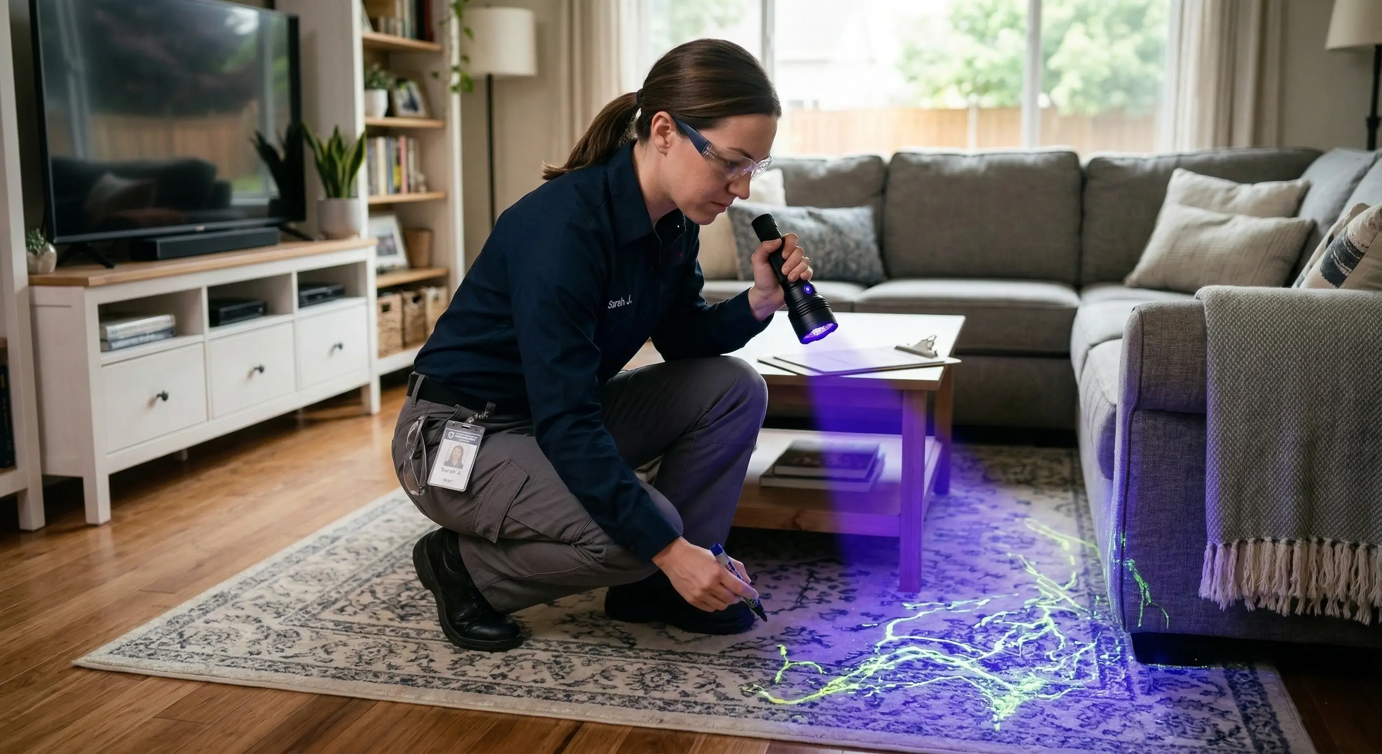 Technician using UV light to detect rodent urine trails