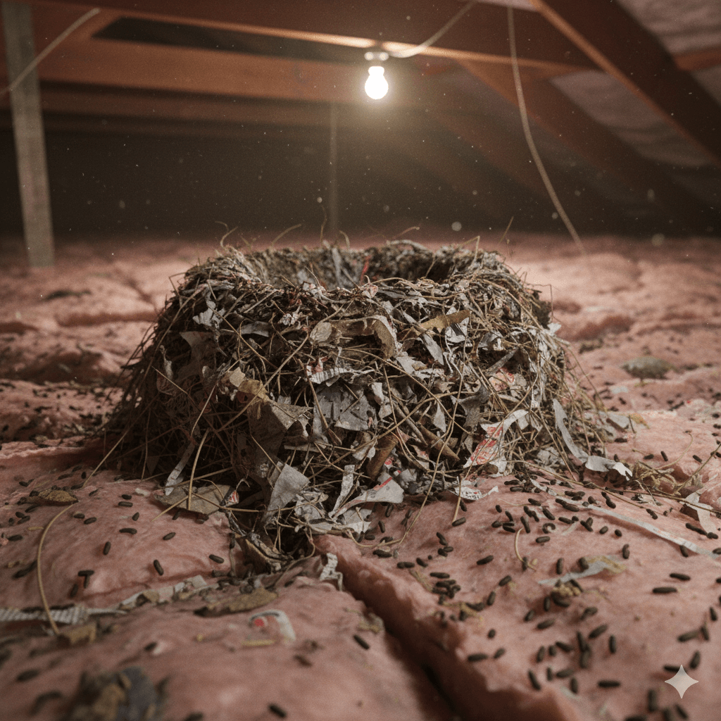 Disturbed attic insulation and new holes showing rodent nesting activity