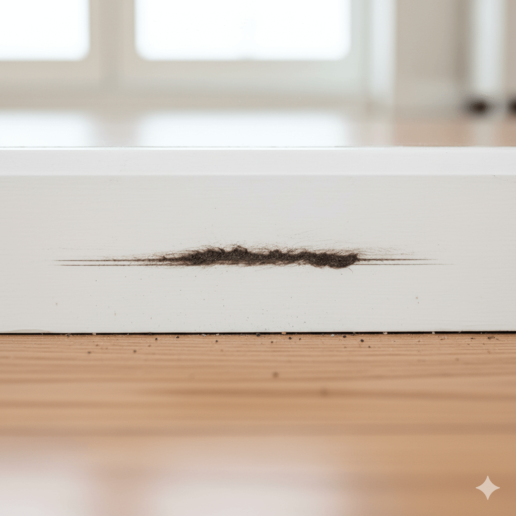 Greasy rub marks along baseboards from repeated mice travel routes
