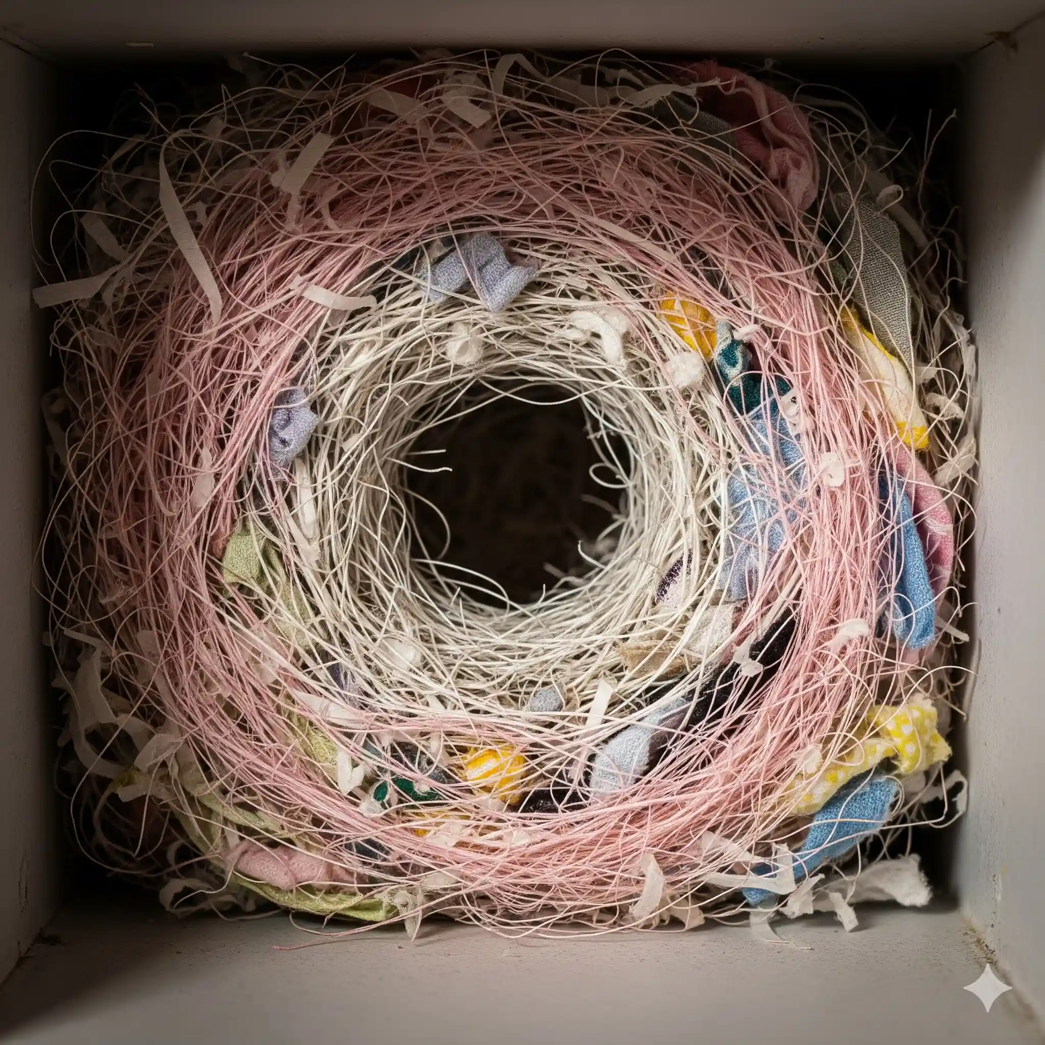 Shredded paper and fabric gathered as rodent nesting materials in hidden area