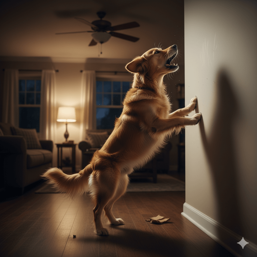 Dog barking at the wall where he hears the sound of mice activity