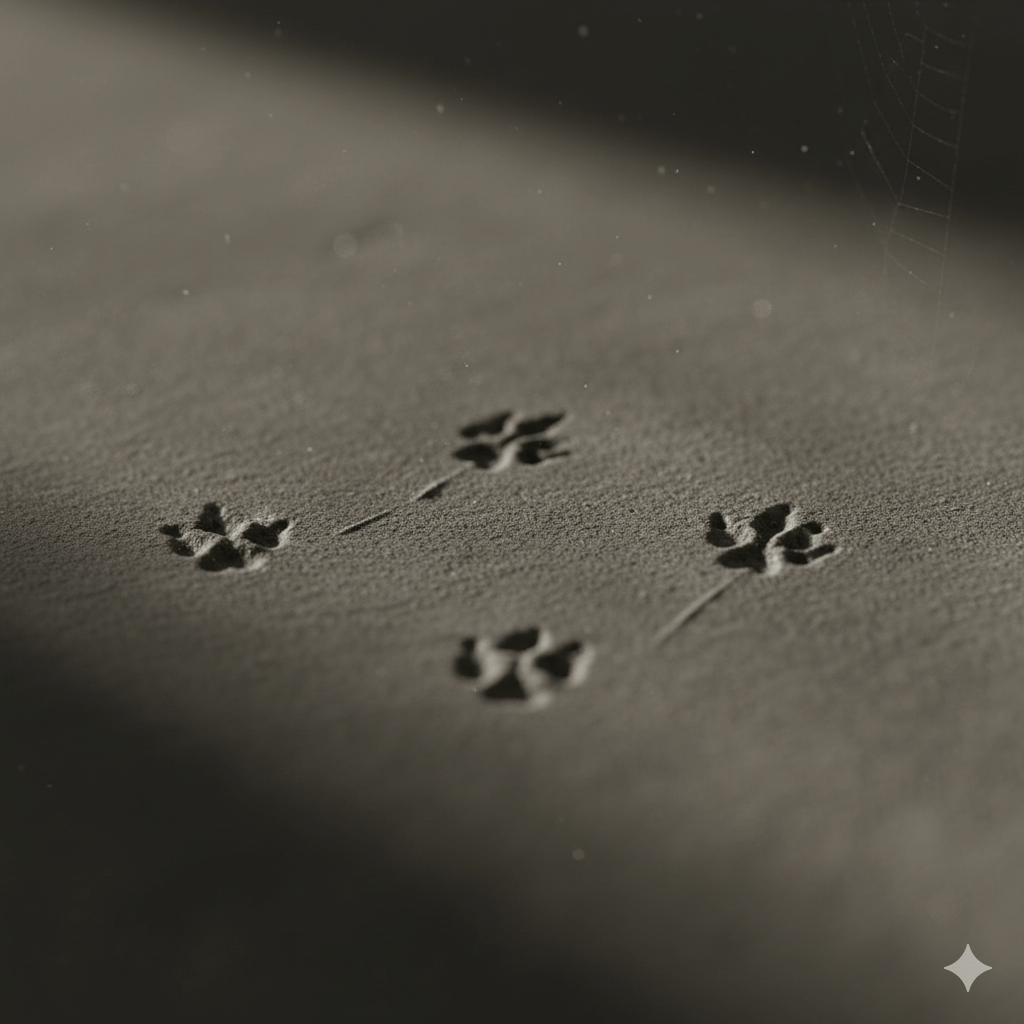 Rat footprints and tail drag marks visible in dusty areas