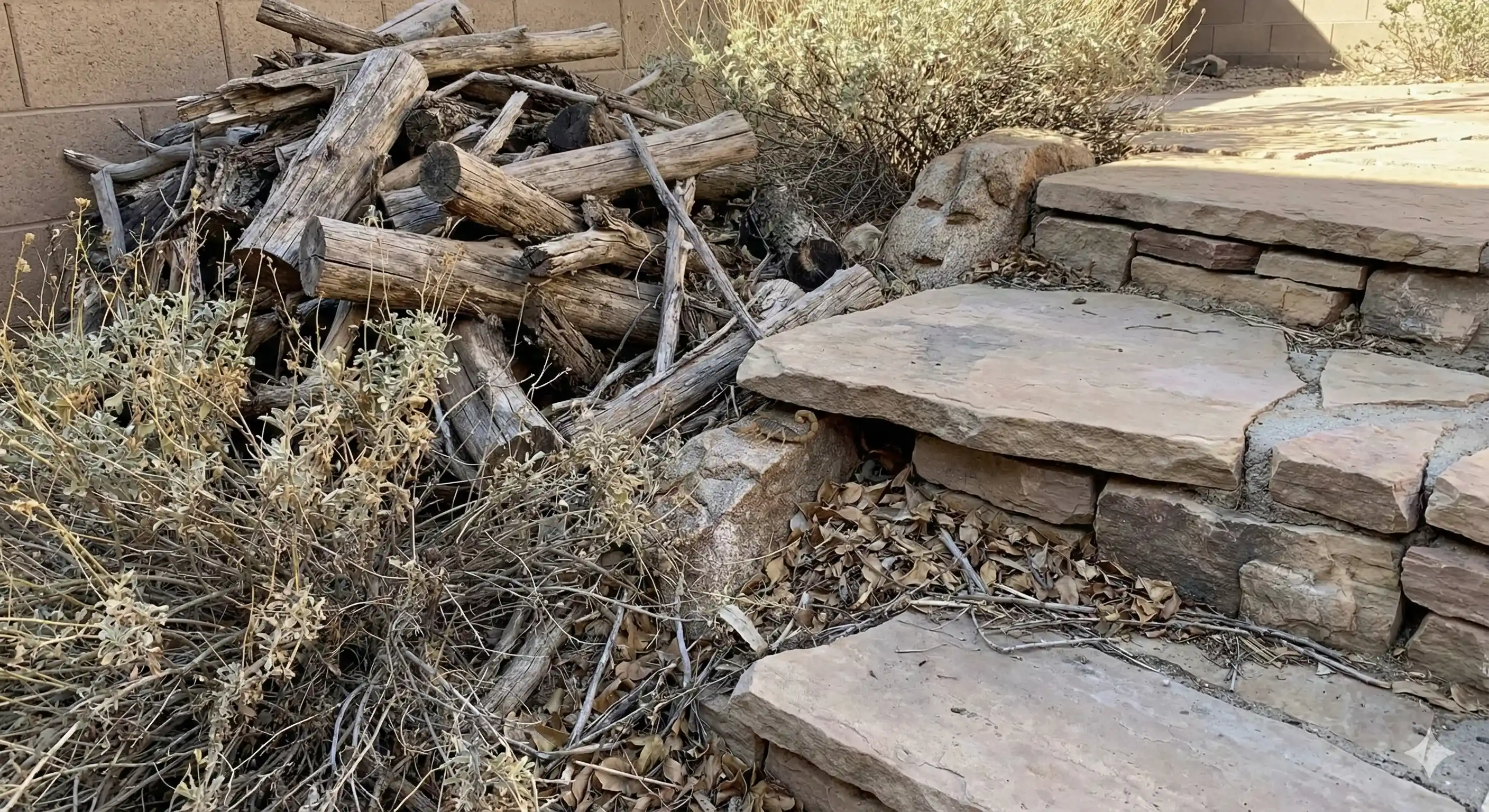 Rock landscaping and debris providing scorpion harborage