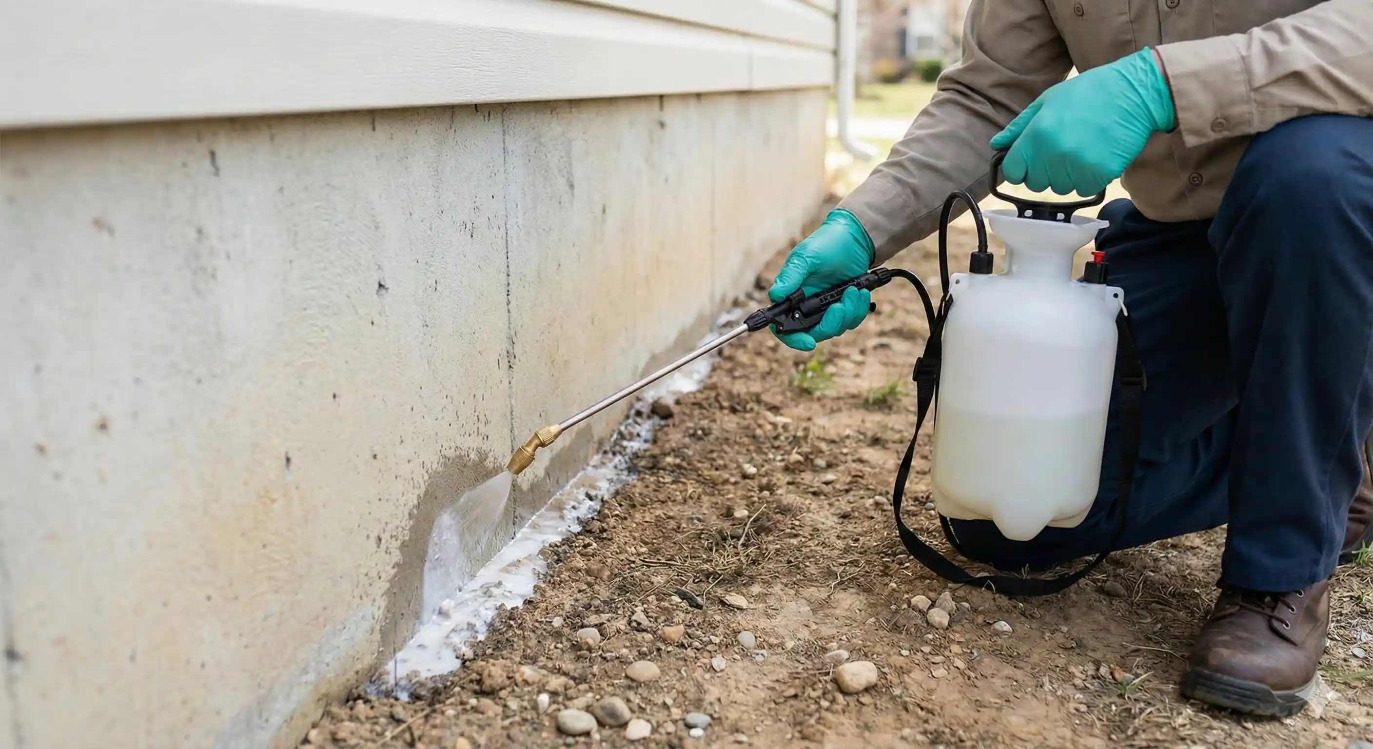 Technician applying microencapsulated barrier treatment around home foundation for scorpion control